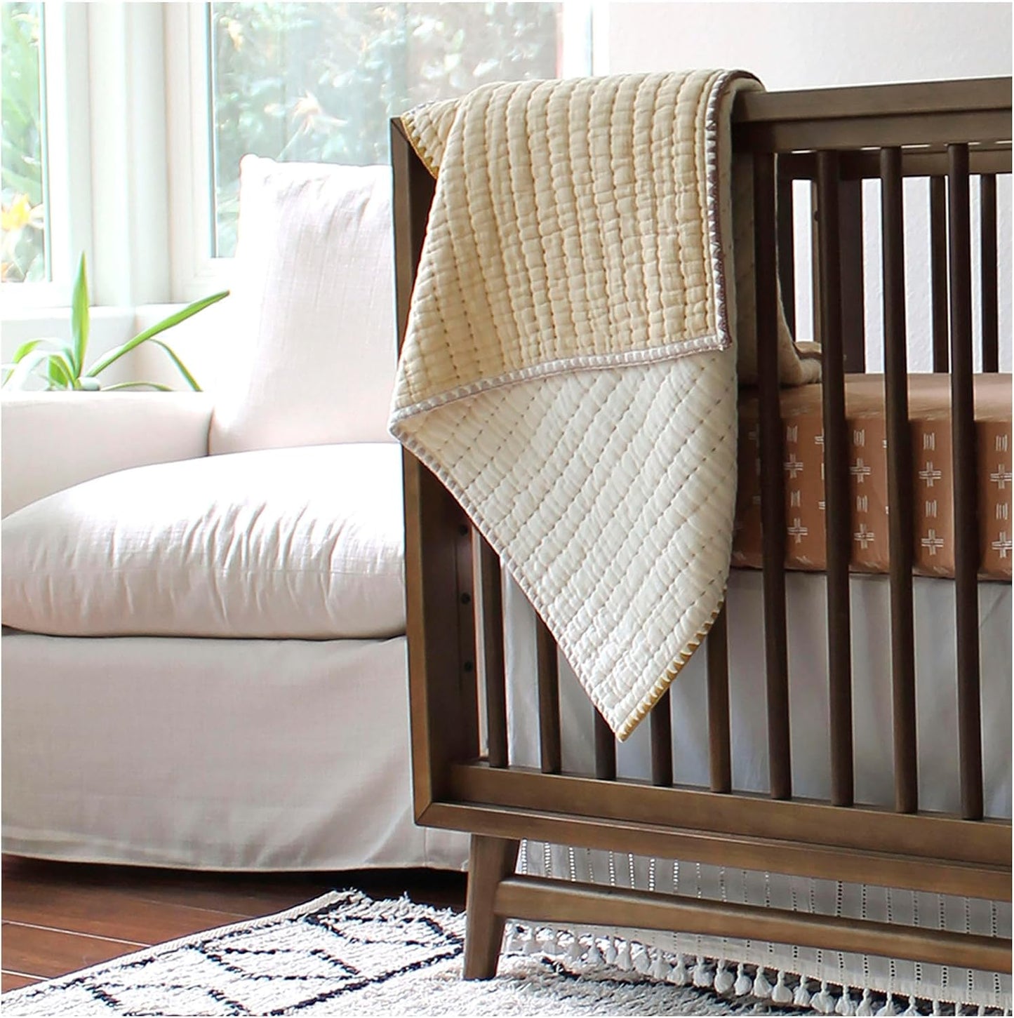 Crane Baby Blanket Quilted Cotton 36” X 36” Light Yellow Nursery Essential for Boys and Girls Yellow Baby