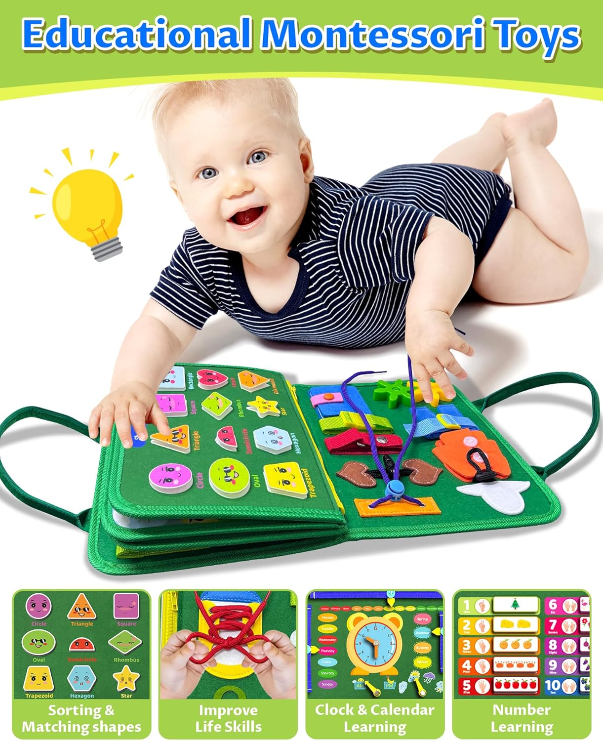 Exorany Busy Board Montessori Toys for Toddler Boy & Girl Birthday Gifts, Busy Book Learning Sensory Toys for Toddlers, Toddler Travel Toy Educational Activities Learn Fine Motor Skills