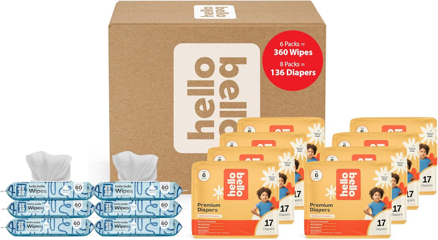 Hello Bello Mega Surprise Pack, Size 6 (35+ lbs), 136ct Hypoallergenic Assorted Diapers with a Soft, Cloth-Like Feel Plus 360 Ultra Gentle Unscented Baby Wipes in 6 Resealable Packs