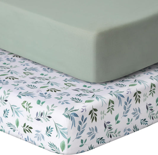 Pack and Play Sheets Fitted, 2 Pack Pack n Play Sheets for Graco Pack n Play Mattress, Unisex Playard Sheets for Boys Girls(Leaf & Green, 38 X 26 Inch)