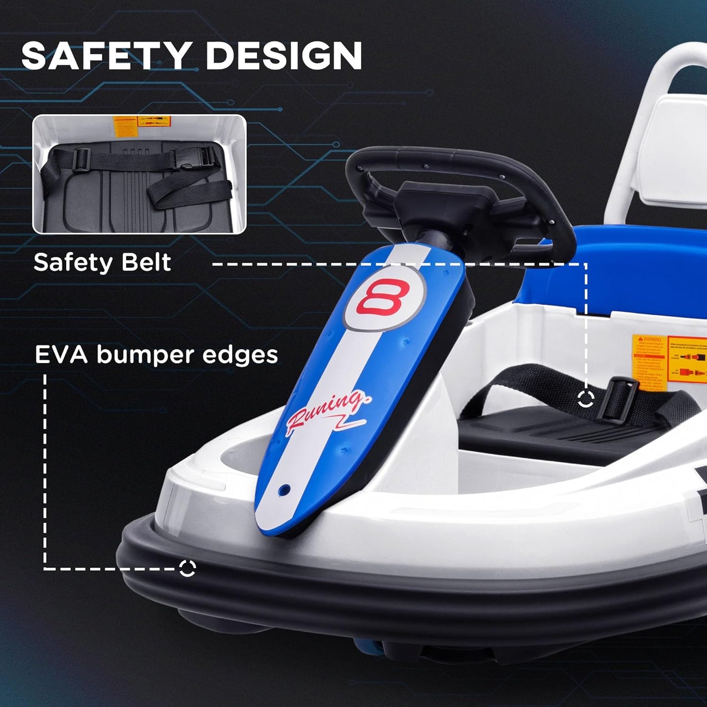 Aosom Toddler Bumper Car, 360° Rotation 6V Kids Electric Ride on Bumper Car with EVA Bumper Edges, Twins Motor, Songs, Horn, LED Lights, Safety Belt for 18-48 Months, White