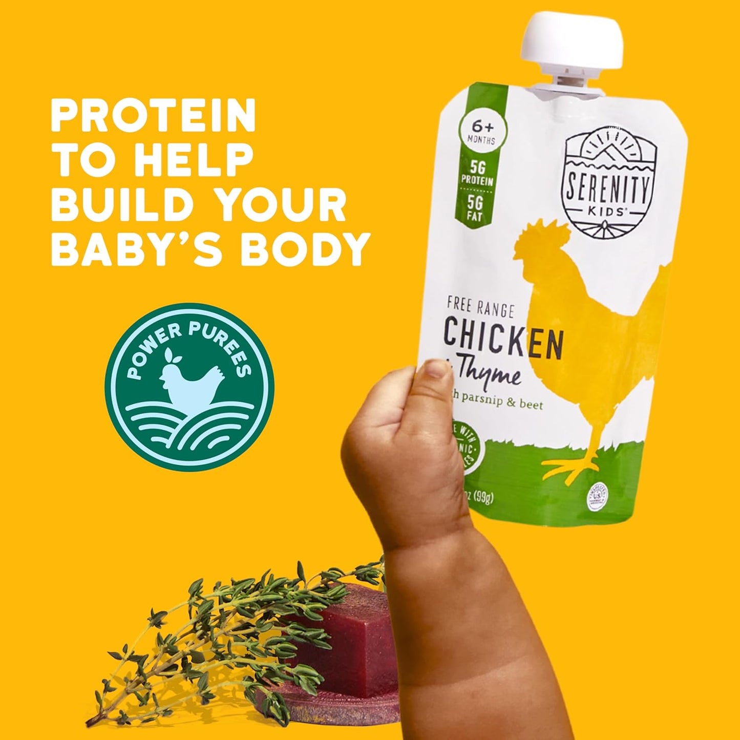 Serenity Kids 6+ Months Baby Food Pouches Chicken & Thyme Puree - BPA-Free Baby Food Puree -Range Chicken & Organic Parsnip & Beet Veggies - 3.5 Oz, 6 Pack