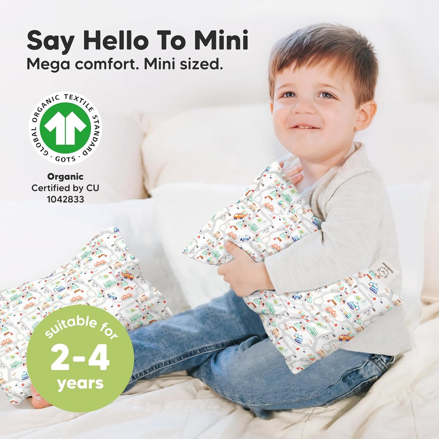 Mini Toddler Pillow with Pillowcase - 9x13 My Little Dreamy Travel Kids Pillow for Sleeping, Toddler Bed, Small, Tiny, Organic Cotton Pillowcase, Soft & Breathable, Kids 2-4 Years Old (Roadway)