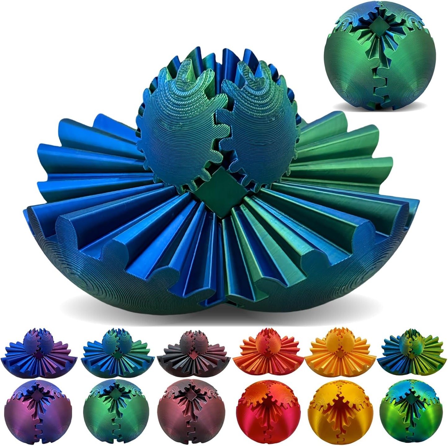 Gear Ball 3D Printed, The Steampunk Whirling Wonder Fidget Ball Toy, Gear Ball 3D Model Cube Fidget Toy, Funny Stress & Anxiety Relaxing Fidget Toy for Adults & Kids (Green&Blue)