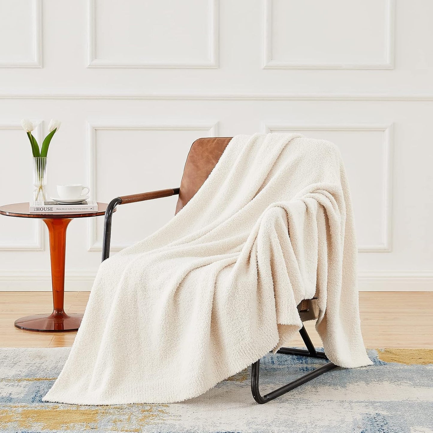 CYMULA Knit Throw Blanket for Couch Cream White - Super Soft Lightweight Plush Fuzzy Fluffy Cozy Blankets and Throws for Sofa Bed, 50 x 60 inches