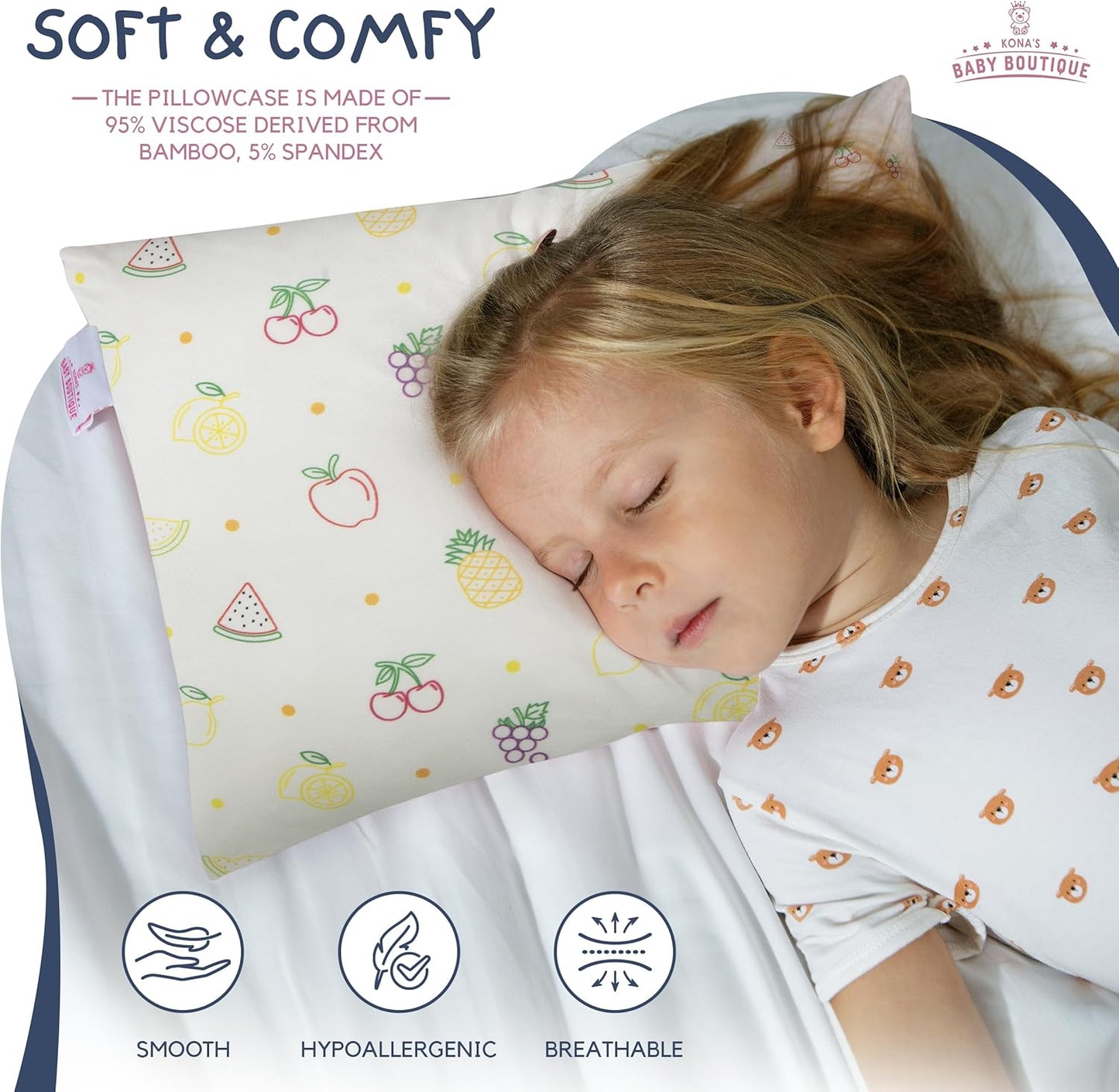 Yellow Fruits - Kona's Perfect Toddler Pillow with Softest Toddler Pillowcase - 13 x 18 inch Toddler Pillow - Toddler Pillow 2 Year Old, Toddler Pillow 3 Year Old