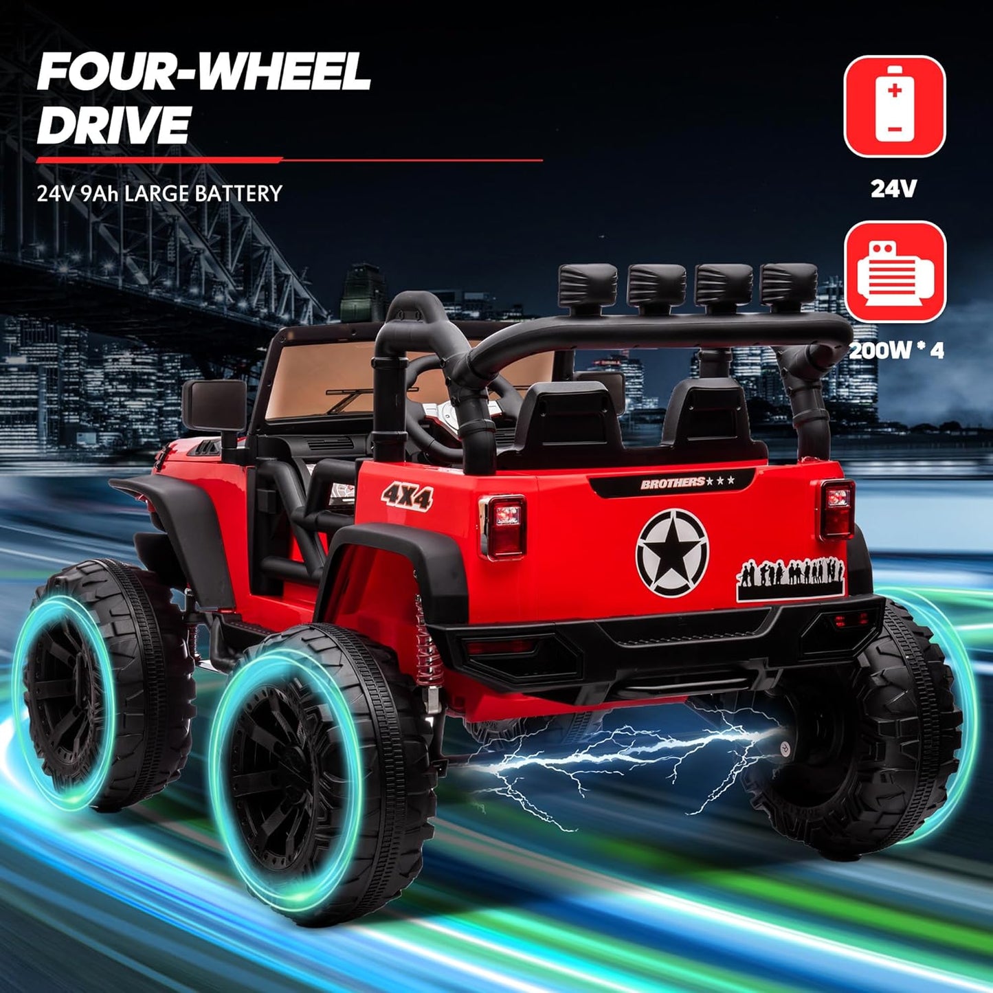 24V 9Ah Ride on Toy for Big Kids, 4x4 2 Seater Ride on Car Truck w/Remote Control, 4x200W Motors - Bright Red