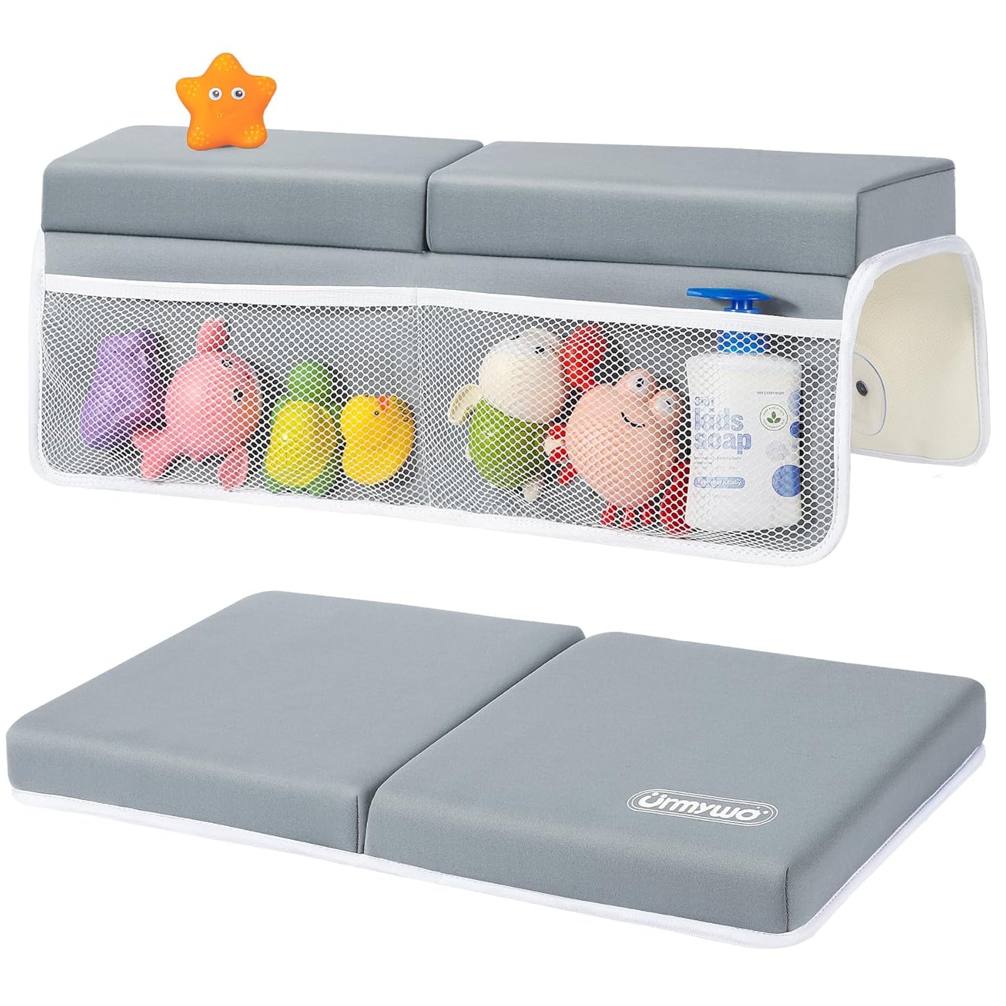 URMYWO Bath Kneeler and Elbow Rest Pad Set - 1.5" Thick Baby Bath Kneeler Pads with Toys Organizer, Anti-Slip Cozy Knee & Arm Support Bathtub Mat, Quick Dry Kneeling Pad for Baby Bath Time