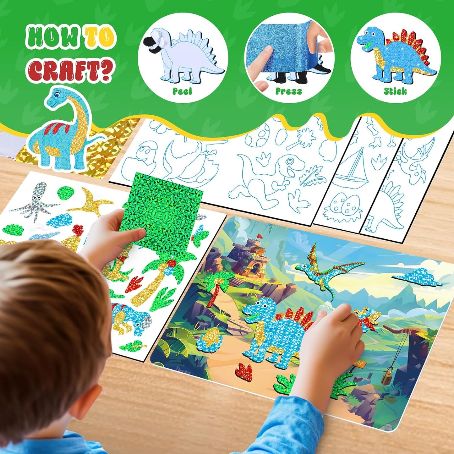 homicozy Art & Craft Activity for Kids-Foil Fun Dinosaur,No Mess Art Crafts for Girls,DIY Foil Foam Stickers,Creative Activity Kits,Kids Travel Toys,Gifts for Girls & Boys Ages 4-10