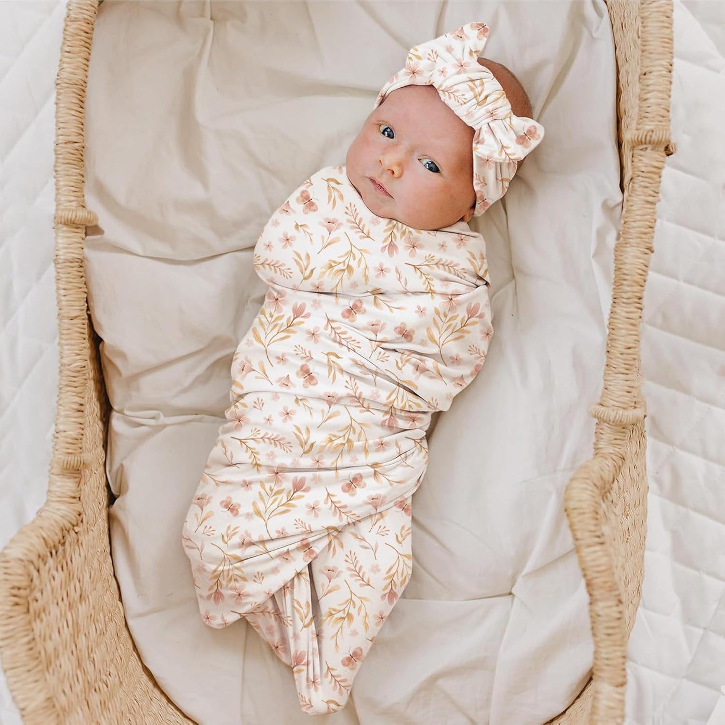 Konssy Baby Girl Newborn Receiving Blanket with Matching Headband and Beanie Set Baby Swaddle Nursery Swaddle Wrap