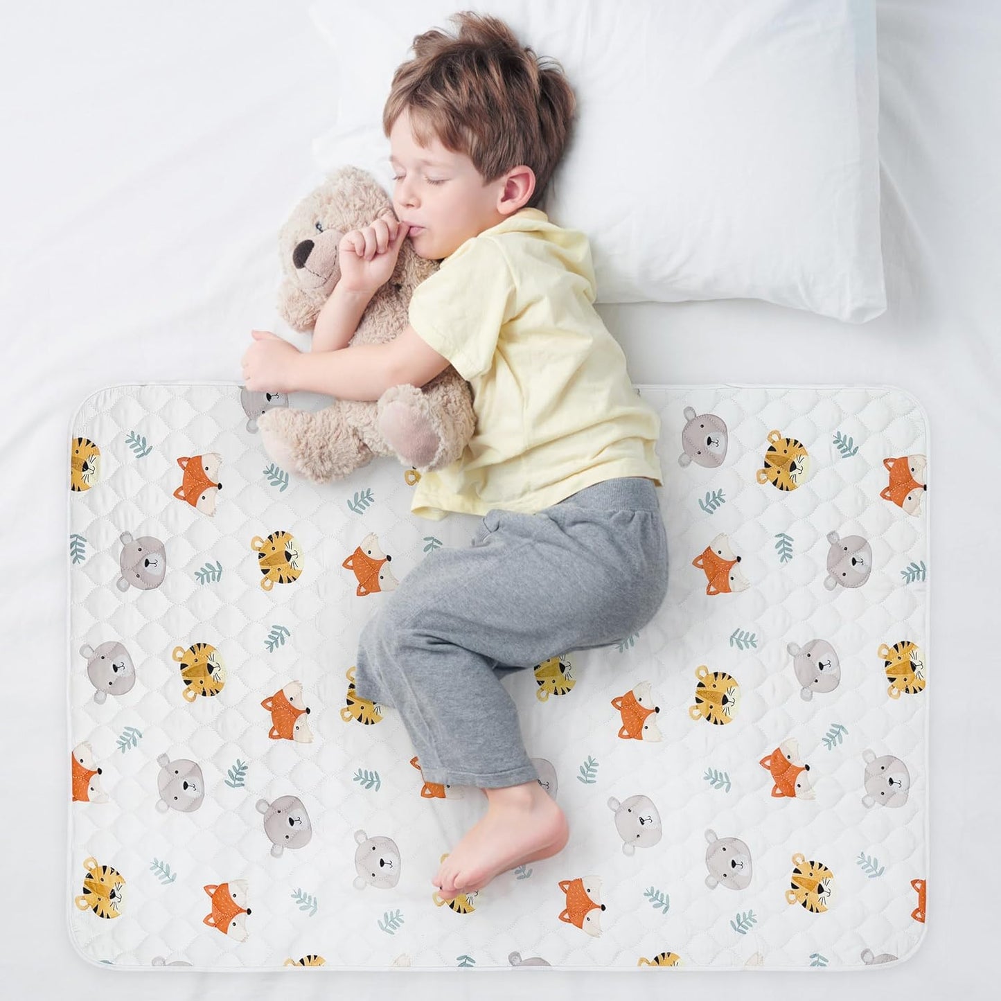 Organic Incontinence Pads for Kids & Toddlers - 5 Layer Waterproof Protectors for Overnight Bed Wetting - Reusable & Washable Pee Pads - Fits Twin to Full Size Beds - 34" x 52" Tiger Bear Fox