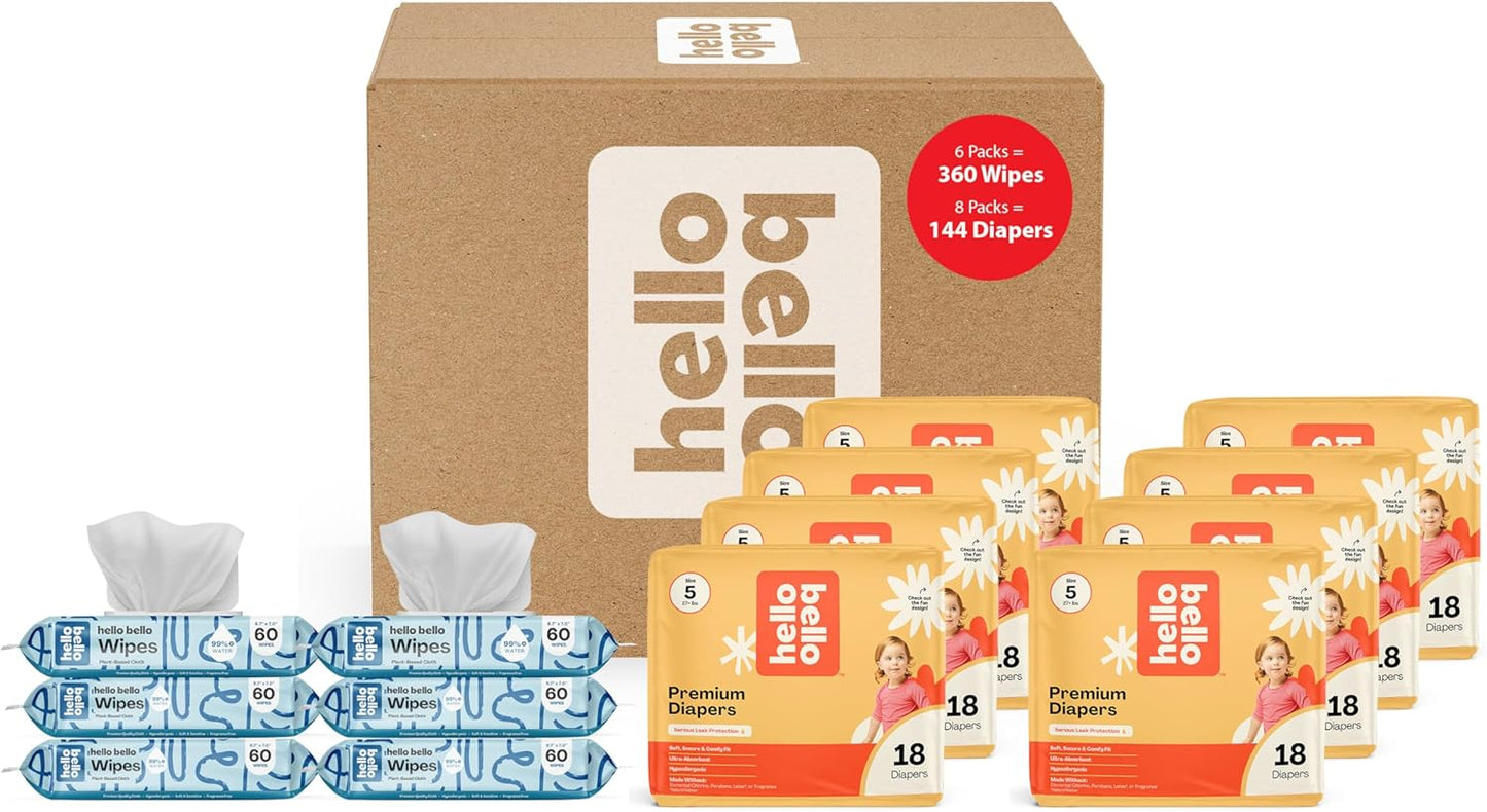 Hello Bello Mega Surprise Pack, Size 5 (27+ lbs), 144ct Hypoallergenic Assorted Diapers with a Soft, Cloth-Like Feel Plus 360 Ultra Gentle Unscented Baby Wipes in 6 Resealable Packs