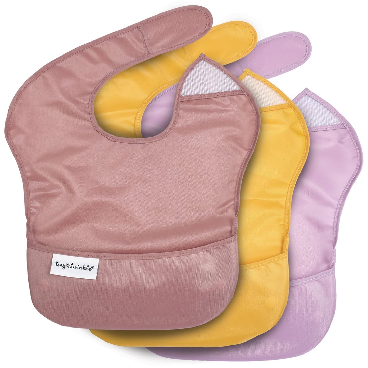 Tiny Twinkle Mess Proof Baby Bibs for Eating - Waterproof, Wipeable Bibs - Toddler Bibs - Travel Friendly - PFAS, PVC, BPA, Phthalate Free - Baby Food Bibs (3 Pack,Sage,Taupe, Dandelion)