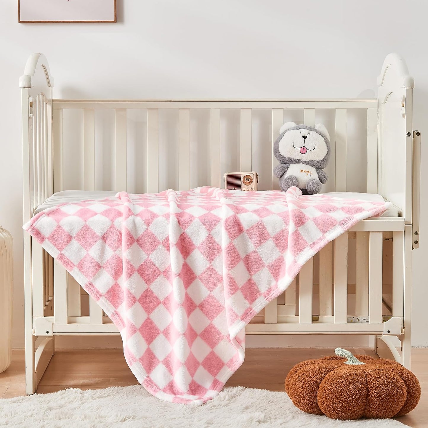 Yurhap Checkered Baby Blanket for Girls Pink Fleece Baby Blankets for Girls Boys, Warmer Comfort Lightweight Bed Blanket for Toddlers Infants or Newborn, 30''x40'', Pink