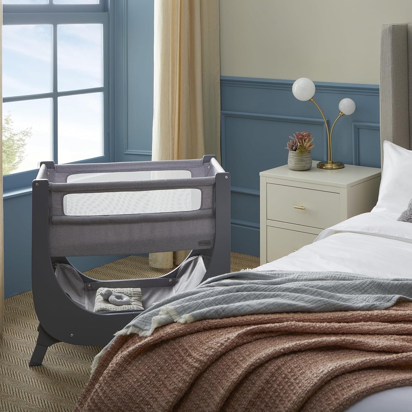 Air Lite Bedside Infant Crib | Breathable Mesh Sides, Drop-Down Panel, Reflux Incline, Adjustable Height, Compact Co-Sleeper Crib with Mattress - Grey