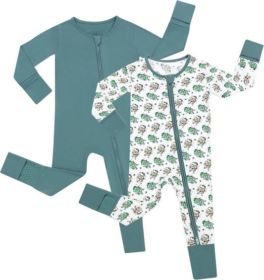 JunNeng 2Pcs Baby Rayon from Bamboo Sleeper with Mitten Cuffs, Footless Zipper Cozy Pjs, Non-Slip Soles Romper
