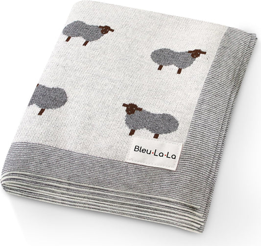 Luxury Cotton Knit Swaddle Baby Blanket - Soft Cozy Lightweight Unisex Receiving Swaddler Crib Stroller Quilt Blanket for Shower Gift Registry for Newborns Infants Toddlers (Sheep - Ivory)