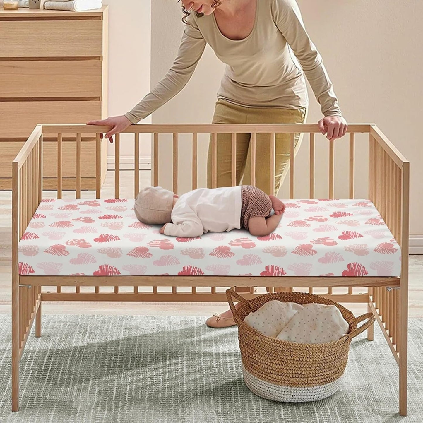 Pink Hearts Fitted Crib Sheet Line Heart Baby Crib Sheet Fit Standard Crib and Toddler Mattress,Crib Mattress Sheets for Boys Girls 28"x52"