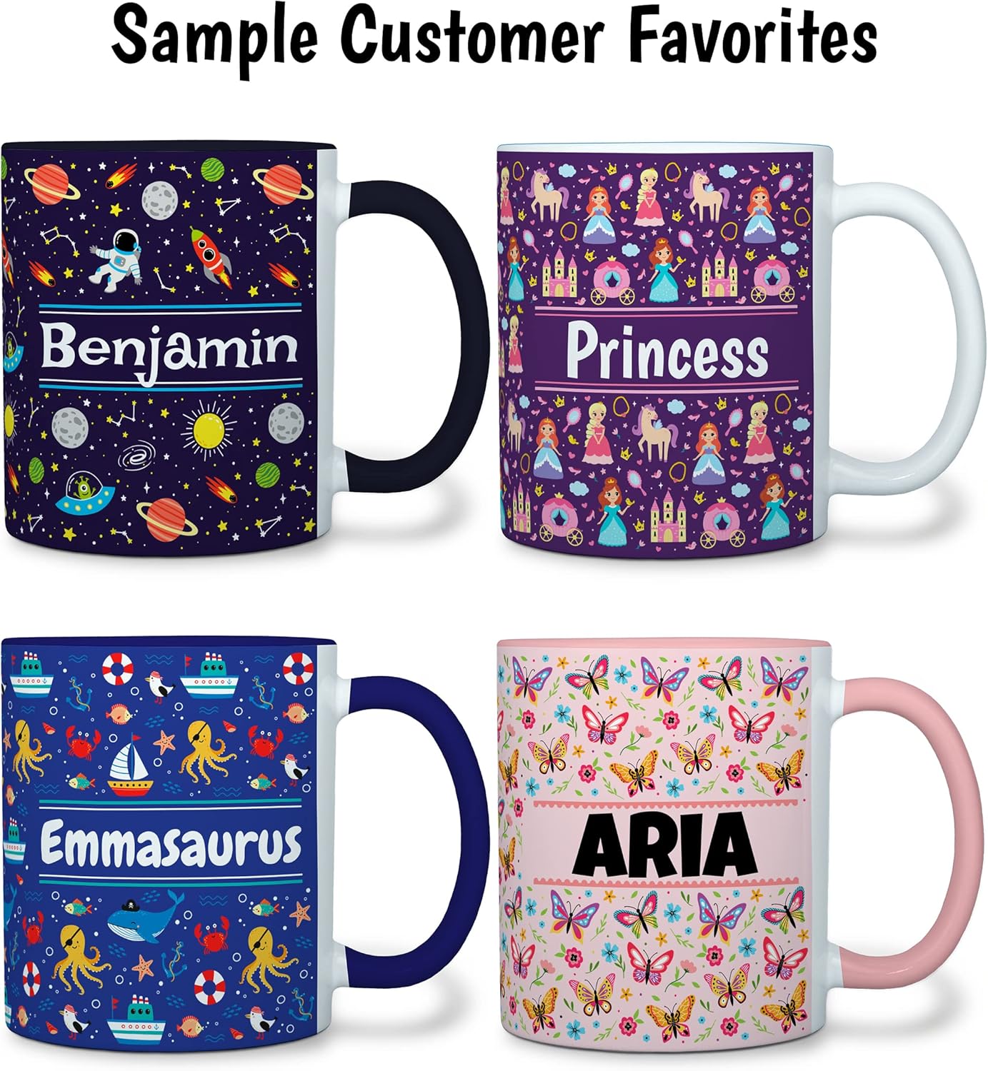 Personalized Mug for Kids - Butterflies - Custom Name/Text, Ceramic Hot Chocolate/Cocoa/Coffee Cup for Girls, Birthday/Christmas/Holiday Gift - 11 oz, Black Handle