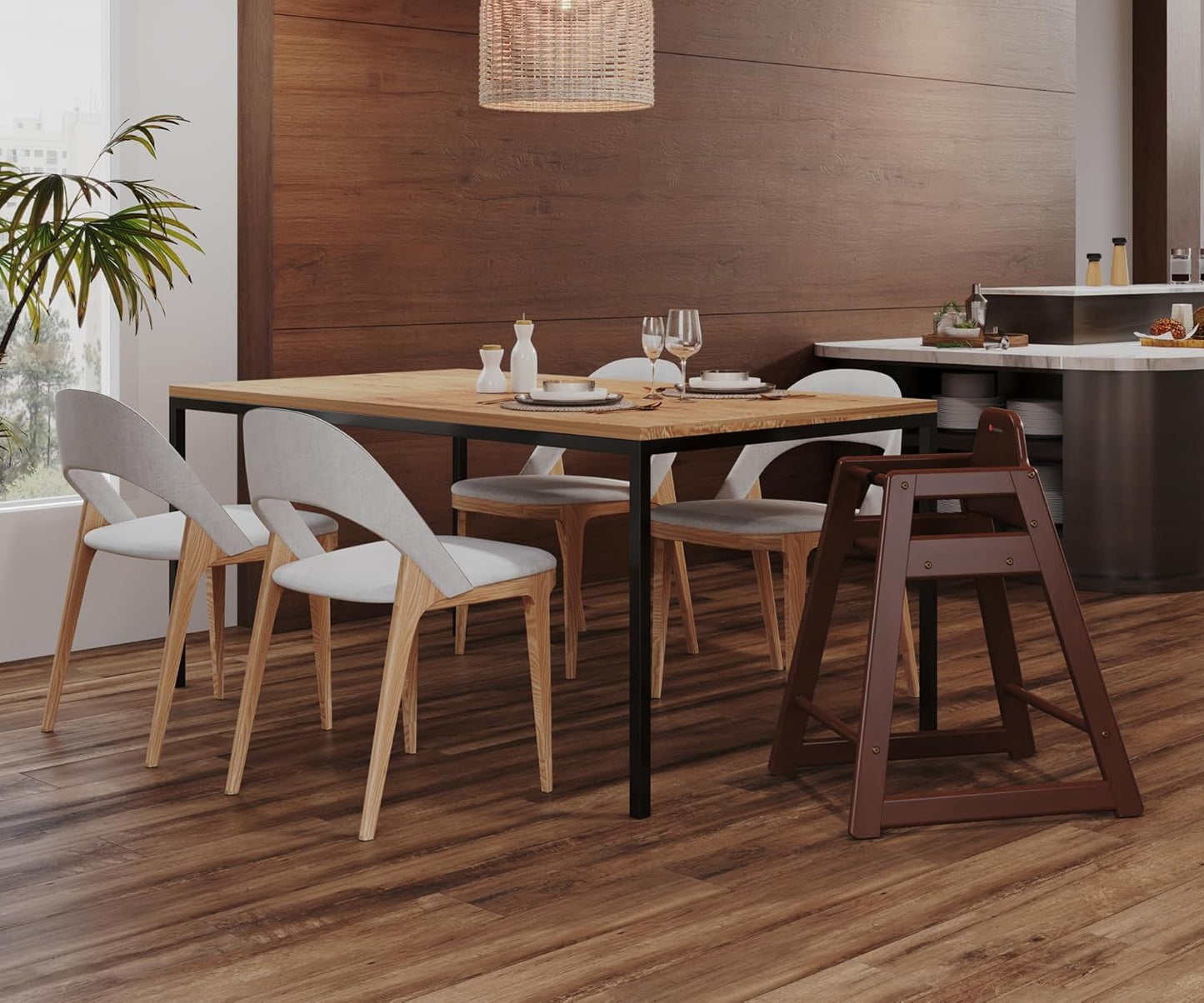 Foundations Neat Seat Wood Highchair for Restaurants, Easy to Clean, “No-tip” Feet, 3-point Safety Harness, Durable Hardwood, Small Footprint, Stackable (Antique Cherry)