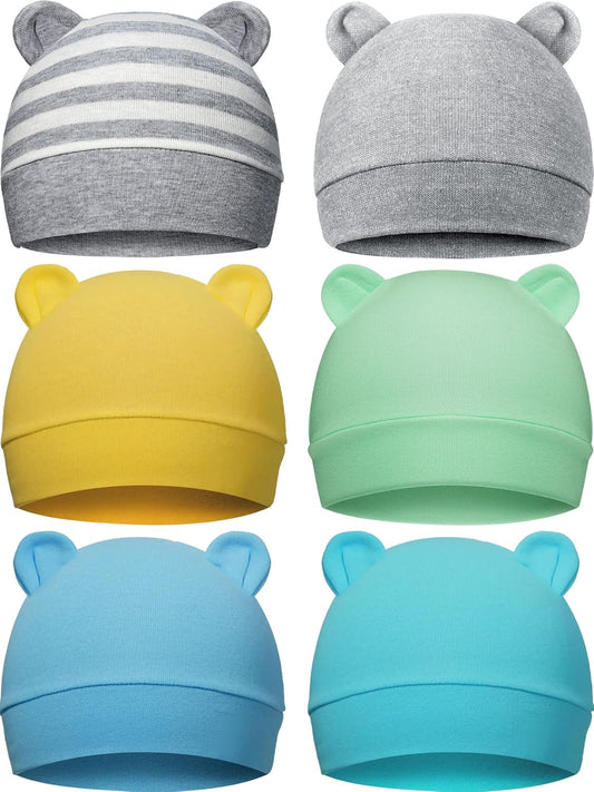 Geyoga 6 Pieces Newborn Baby Hat Bear Ears Infant Caps Baby Boy Girl Toddler Hats Infant Beanie Caps for 0-3 Months