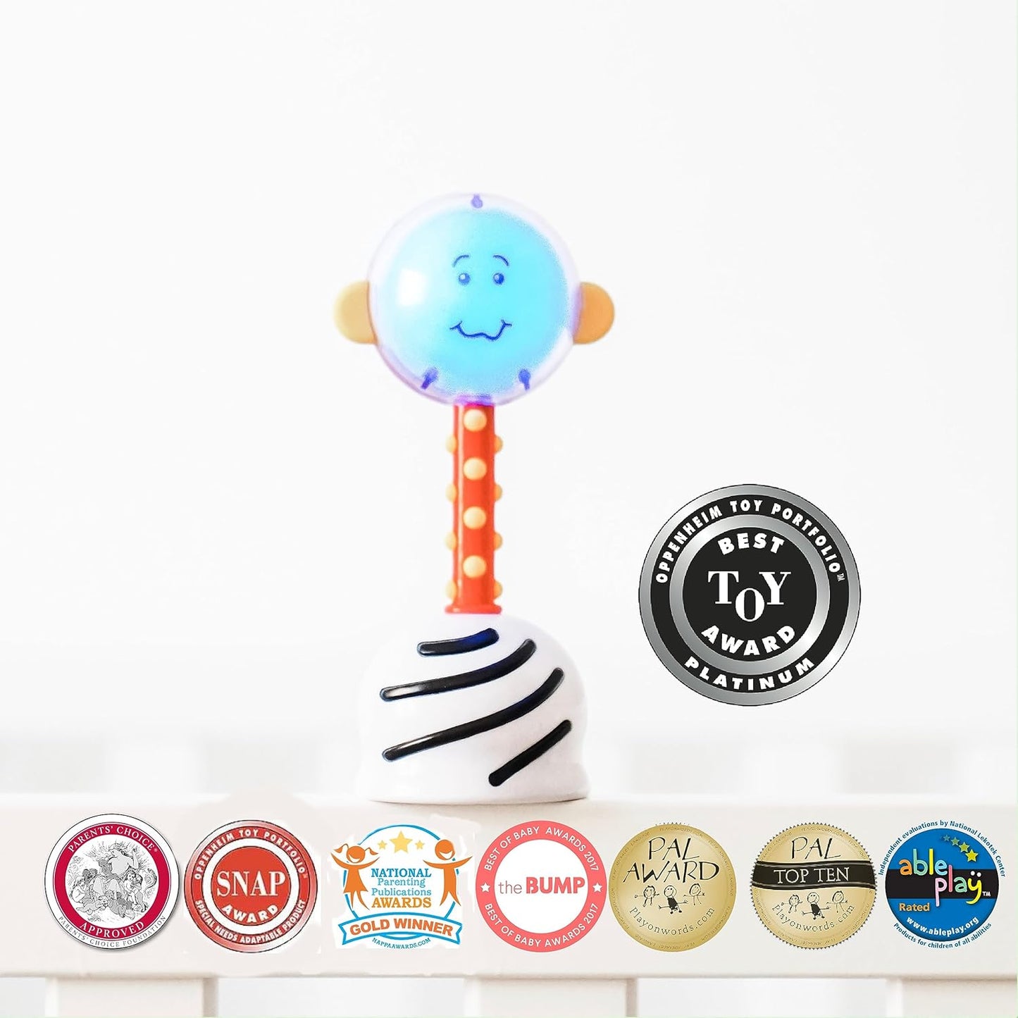 NogginStik Light-up Developmental Rattle - Color Changing, Textured for Grasping, Mirror & Rattle Sound - Sensory Toy for Babies, Ages 0-12 Months