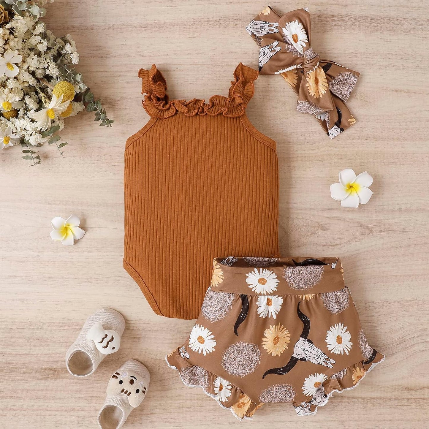 fhutpw Baby Girl Clothes Summer Cute Outfits 3 6 12 18 Months Spaghetti Strap Romper & Floarl Shorts Sets