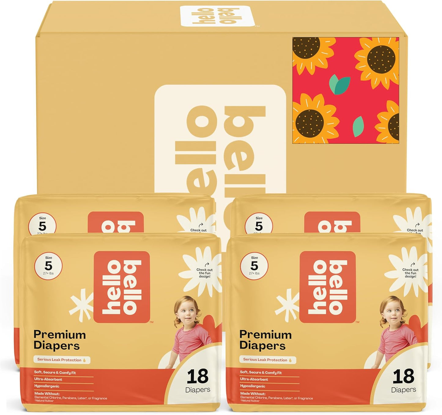 Hello Bello Diapers, Size 5 (27 lbs) Flower Child, 72 Count Value Pack of Premium Disposable Baby Diapers, Hypoallergenic with Soft, Cloth-Like Feel