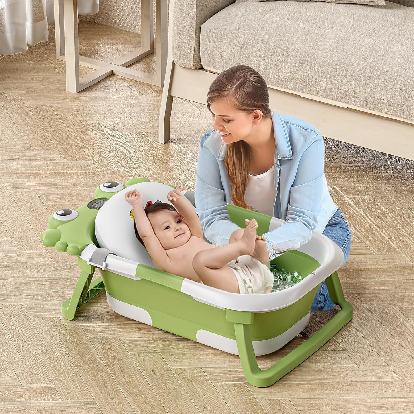 Collapsible Baby Bathtub for Newborns to Toddler with Real-time Temp Monitor & Floating Cushion,Portable Travel Tub for 0-36 Month, Foldable Baby Bath Tub for Infants(Green)