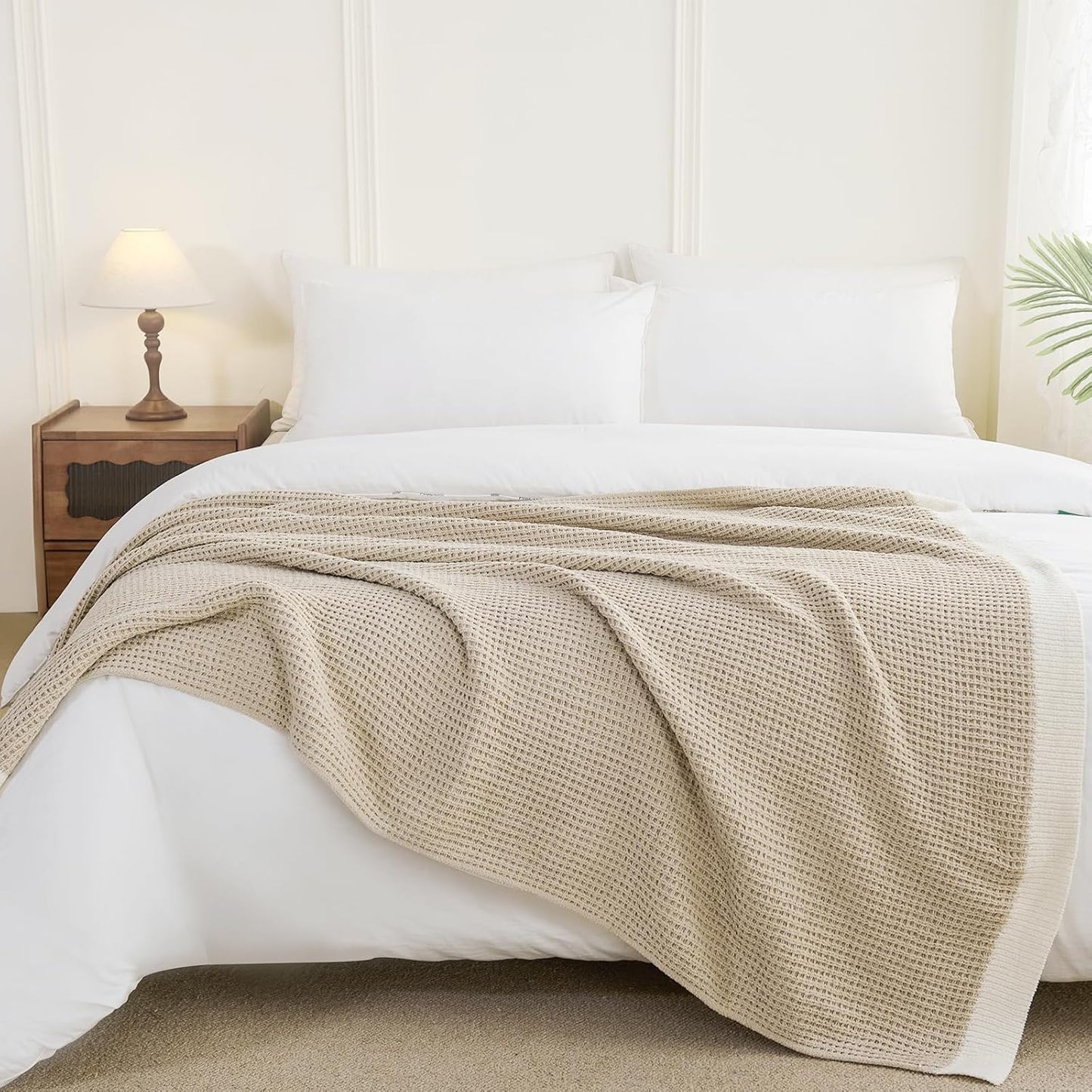 SeaRoomy Knit Throw Blanket,Super Soft Cozy Reversible Waffle Blanket,Warm Fluffy Fuzzy Plush Lightweight Double-Side Blanket for All Seasons for Couch,Sofa,Bed (Khaki,50"x70")