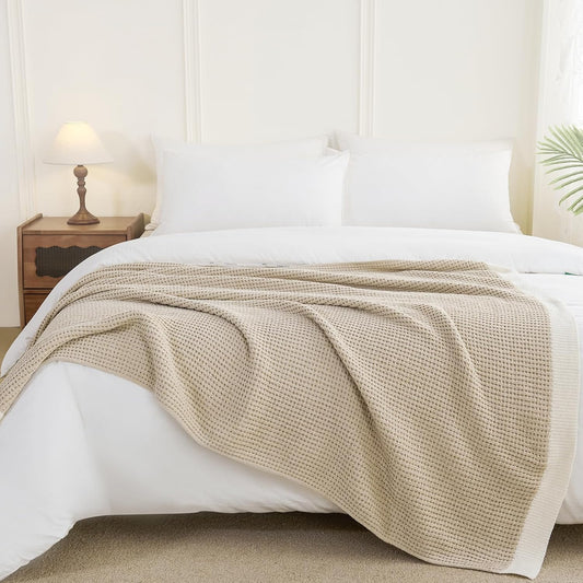 SeaRoomy Knit Throw Blanket,Super Soft Cozy Reversible Waffle Blanket,Warm Fluffy Fuzzy Plush Lightweight Double-Side Blanket for All Seasons for Couch,Sofa,Bed (Khaki,50"x70")