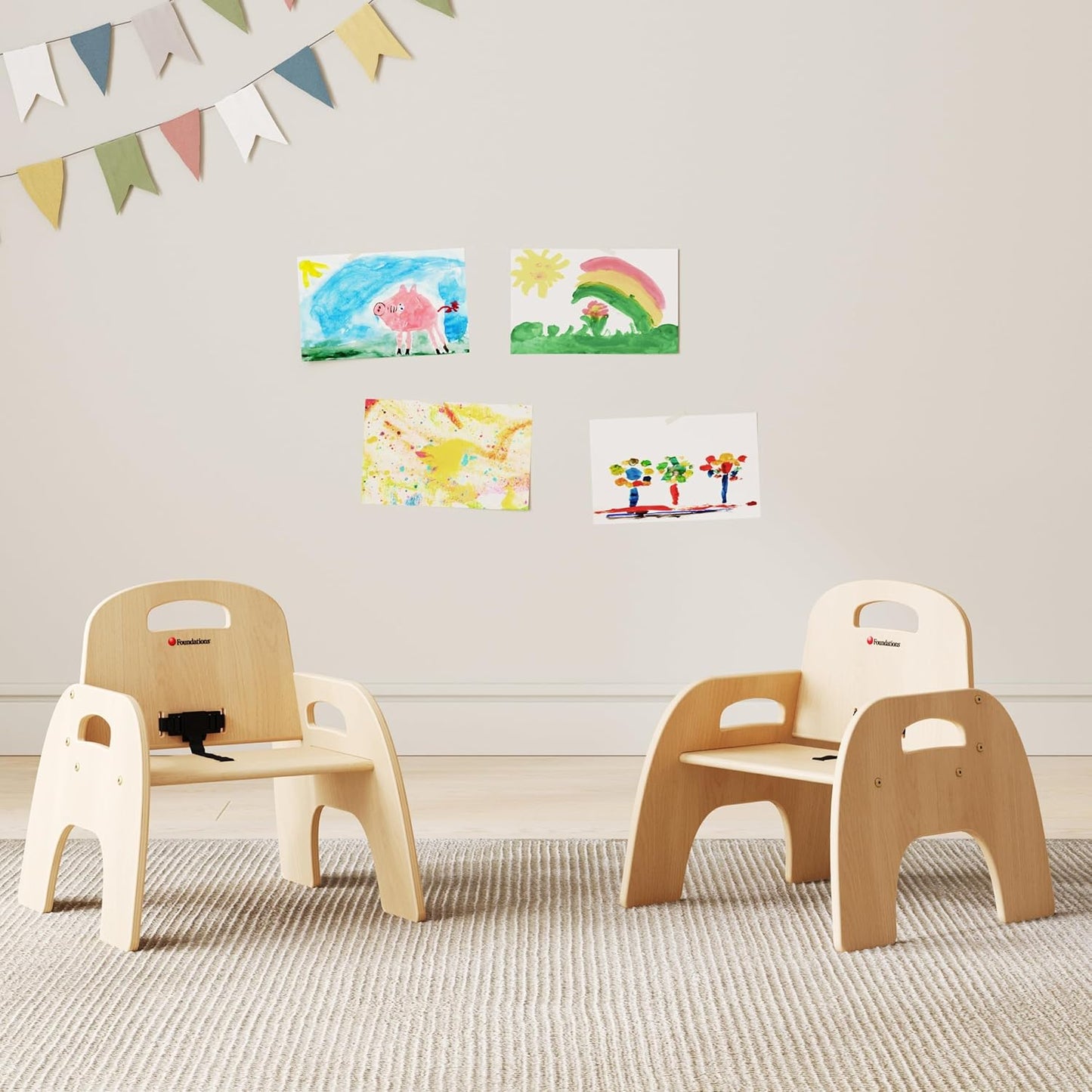 Foundations Simple Sitter Low Wood Feeding Chairs Multipack, Wide No-Tip Base, Adjustable Safety Harness, Stackable Wood Toddler Chairs with Food Service Grade Finish, 2 Pack (9 inch)