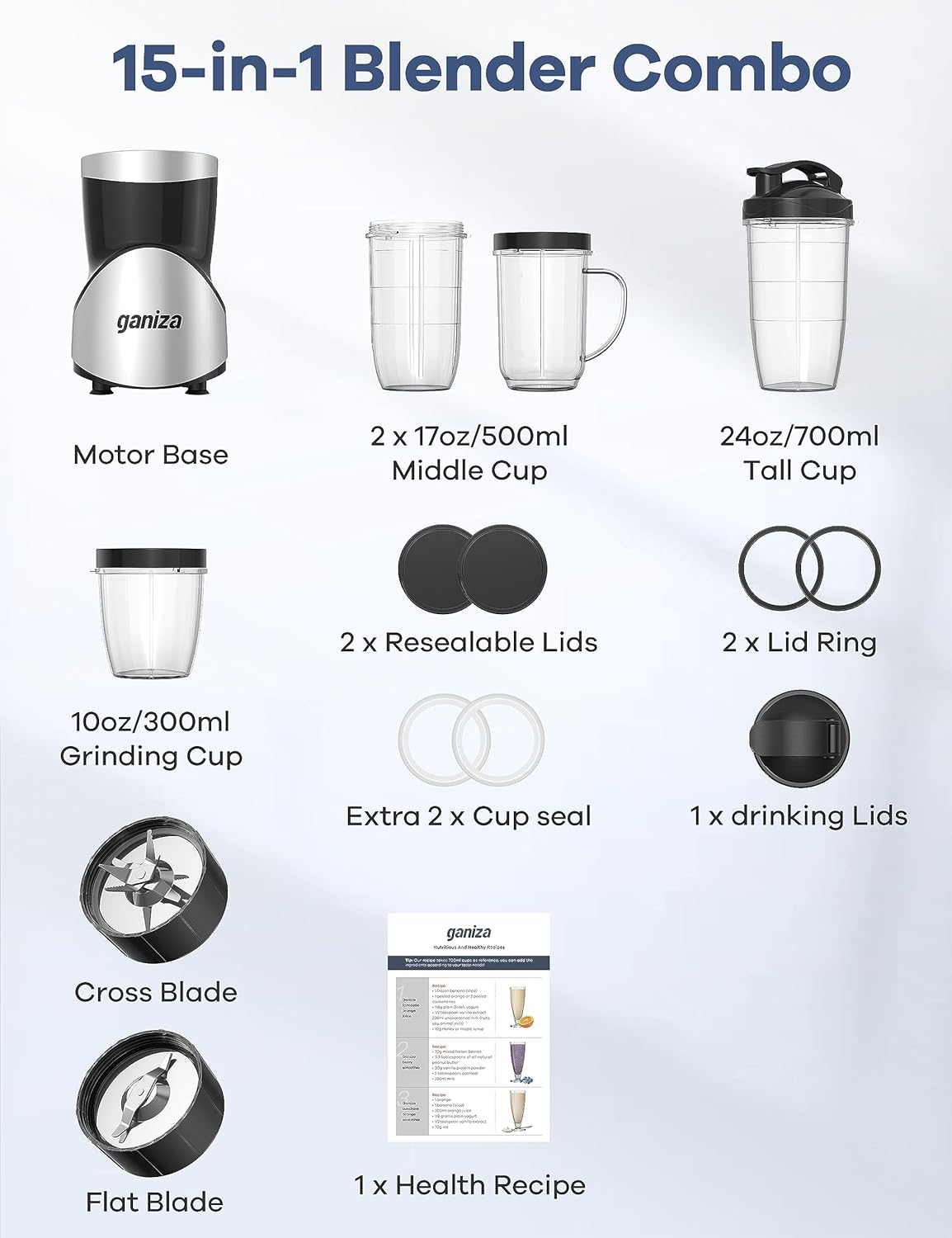Ganiza Smoothie Blender, 900W Blenders for Shakes and Smoothies, 15-Piece Personal Blender and Grinder Combo for Kitchen, Smoothies Maker with 4 BPA-Free Portable Cup, Nutritious Recipe