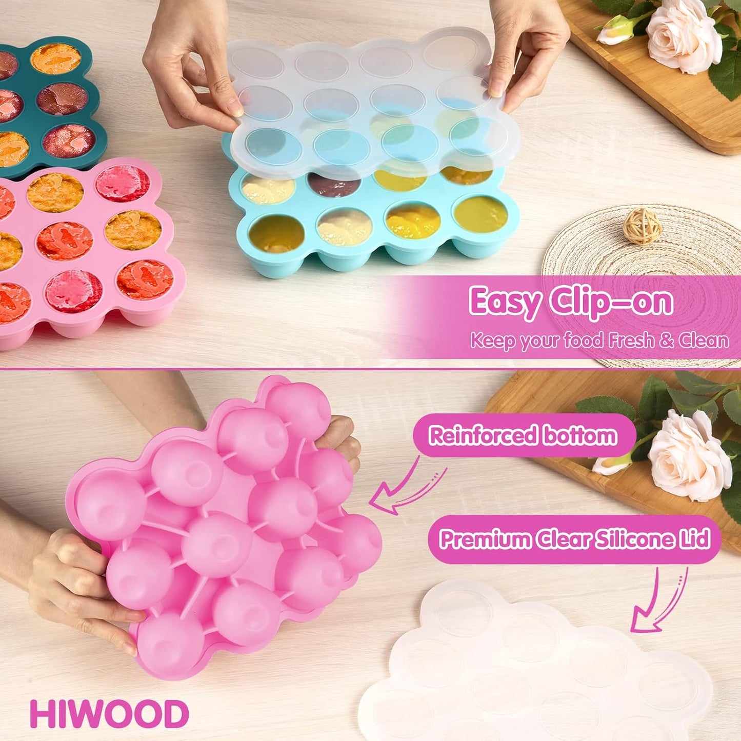 Baby Food Storage - 12 x 1.5 Ounce Silicone Freezer Tray with Lid, Perfect for Homemade Baby Food, Vegetables & Fruit Purees, Breast Milk - Pink