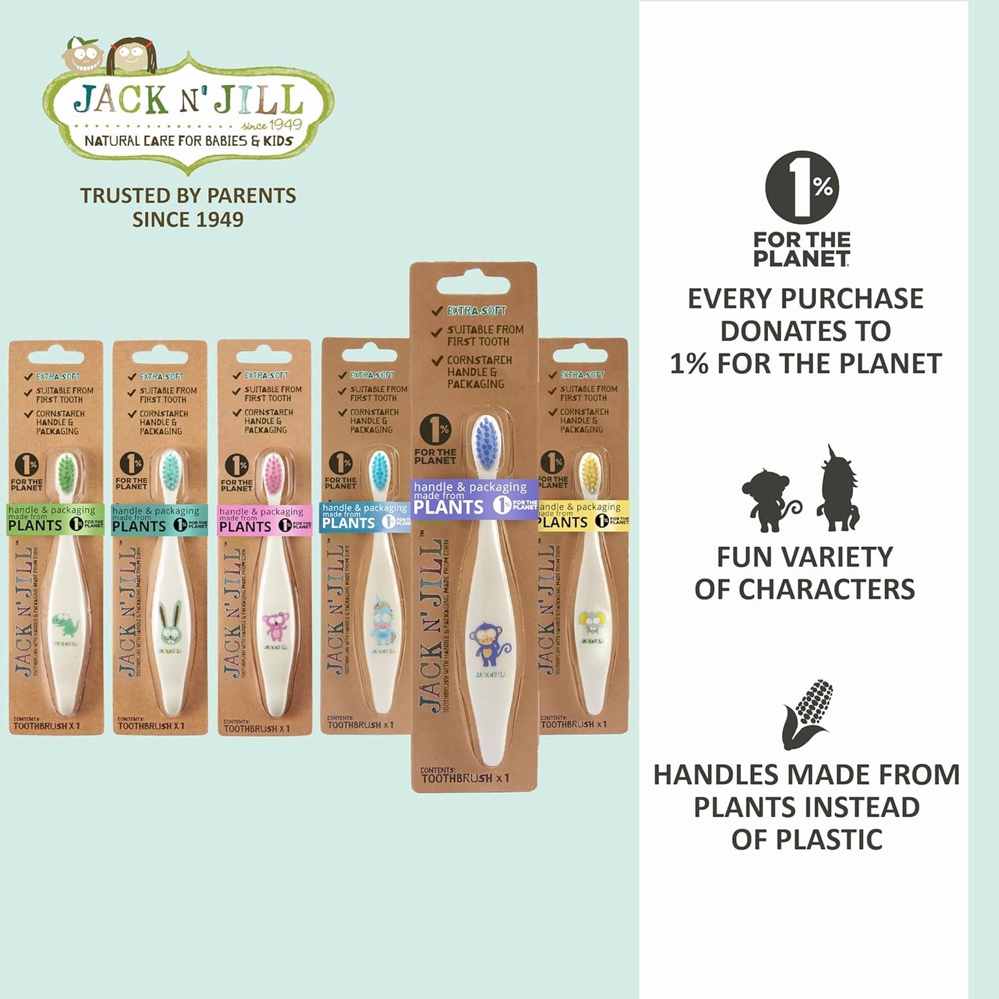 Jack N' Jill Baby & Toddler Toothbrush - 12 Months & Up, Age 2-4, Natural, Soft, Non Toxic, Cornhusk Handle, Kids Toothbrushes for Girls & Boys - Assorted Characters (4 Pack)