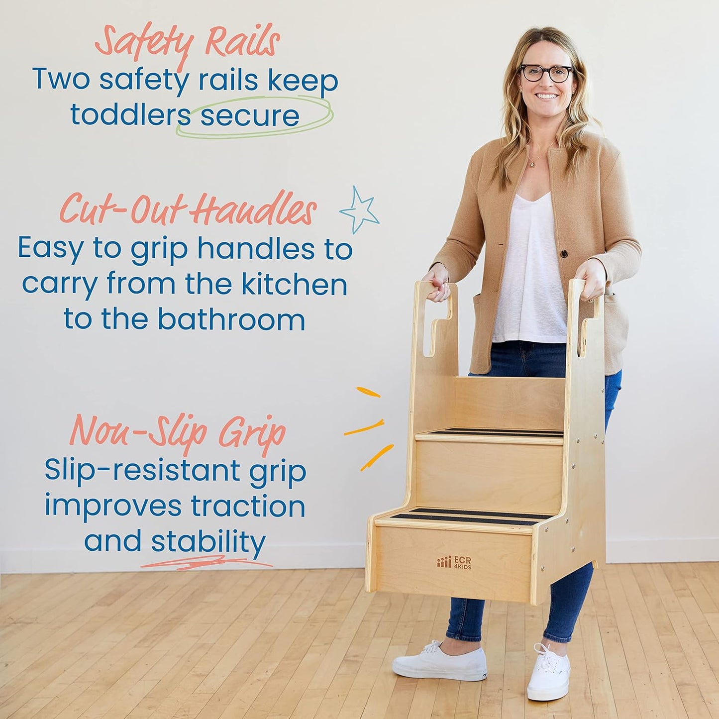 ECR4Kids Reach-Up Step Stool with Handles, Kids Furniture, Natural
