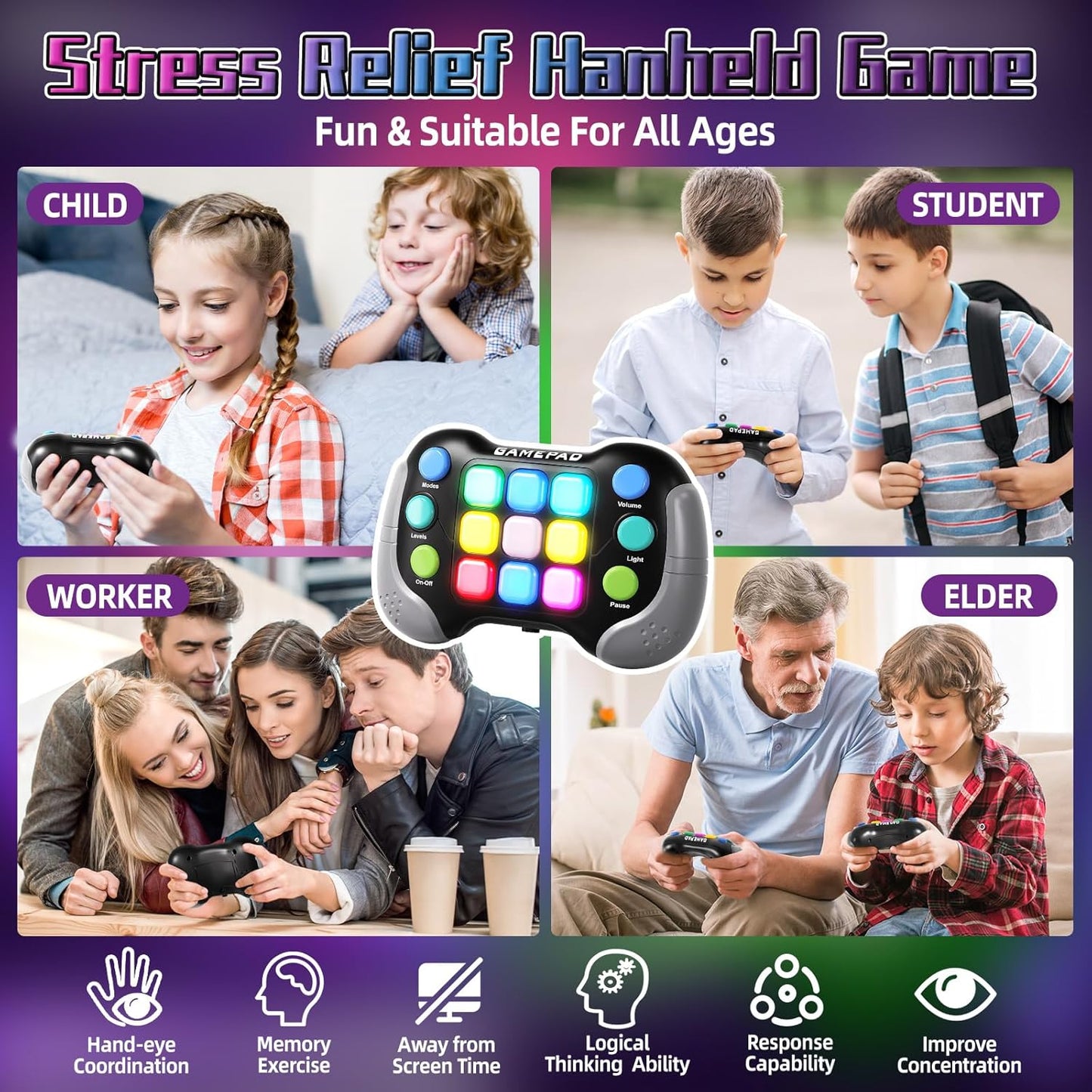 2024 New Fast Push Game Light Up Pop Fidget Toys,Its Electronic Handheld Game for Kids Teens Adults,Youth Quick Push Buttons Gamepad,Xmas Birthday Gifts Toys for Boys Girls,Ages 3 and Up(Black)