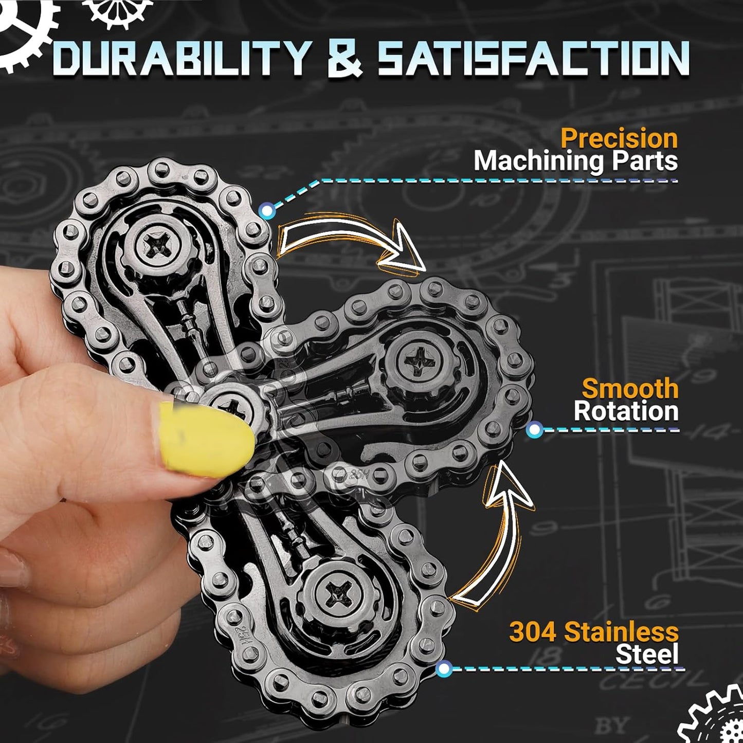 Cool Sprockets Fidget Bike Chain Hand Roller for Anxiety Relief, Assemble Fidget Spinner Ring Toy for Gift, Metal Fingertip Spinning Sensory Toy for Adult Kid 4-8 8-12