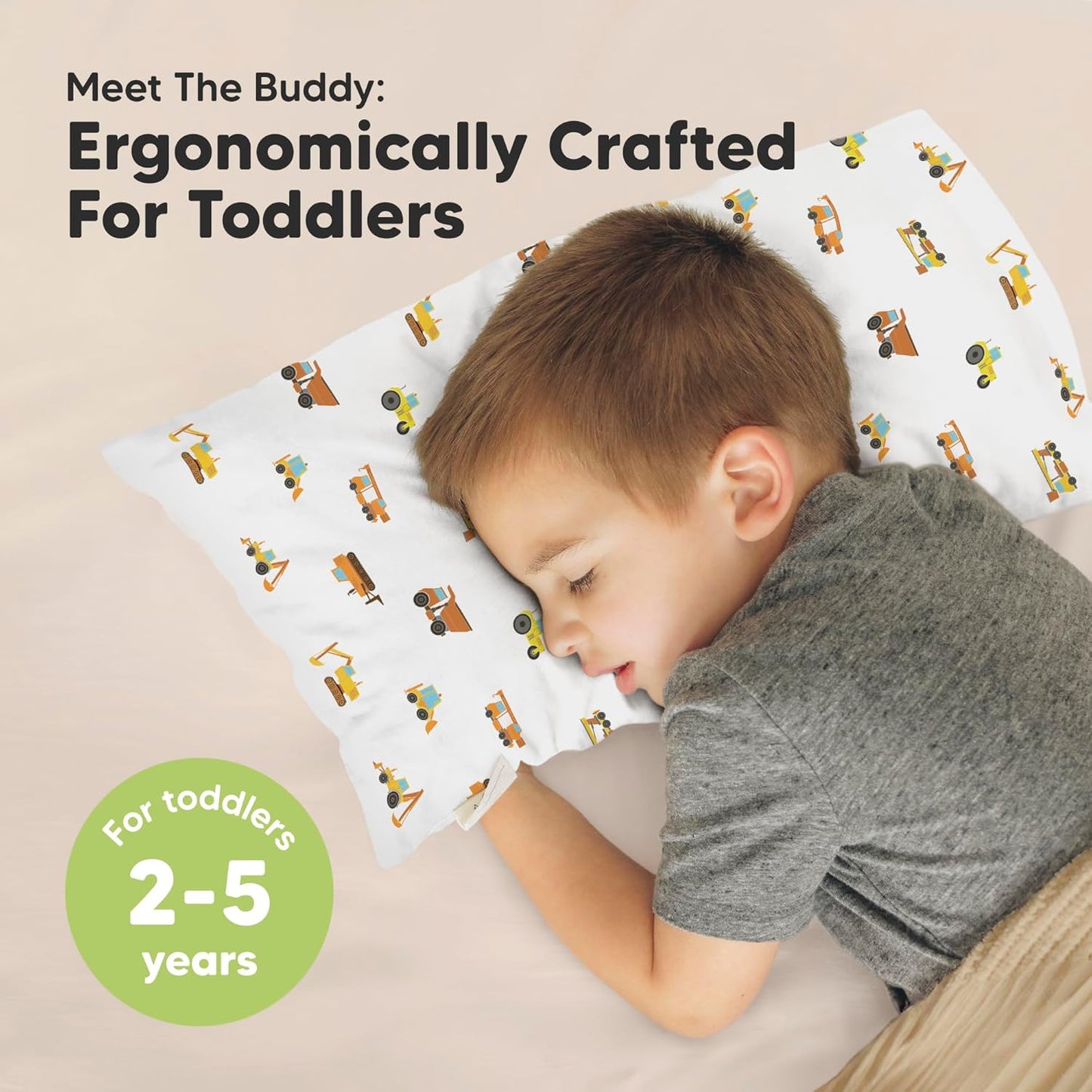 Toddler Pillow with Pillowcase - 10x18 My Little Dreamy Kids Travel Bed Pillows for Sleeping, Organic Cotton Small Pillowcase, Soft & Breathable, Machine Washable,Toddlers 2-5 Years Old(Construction)