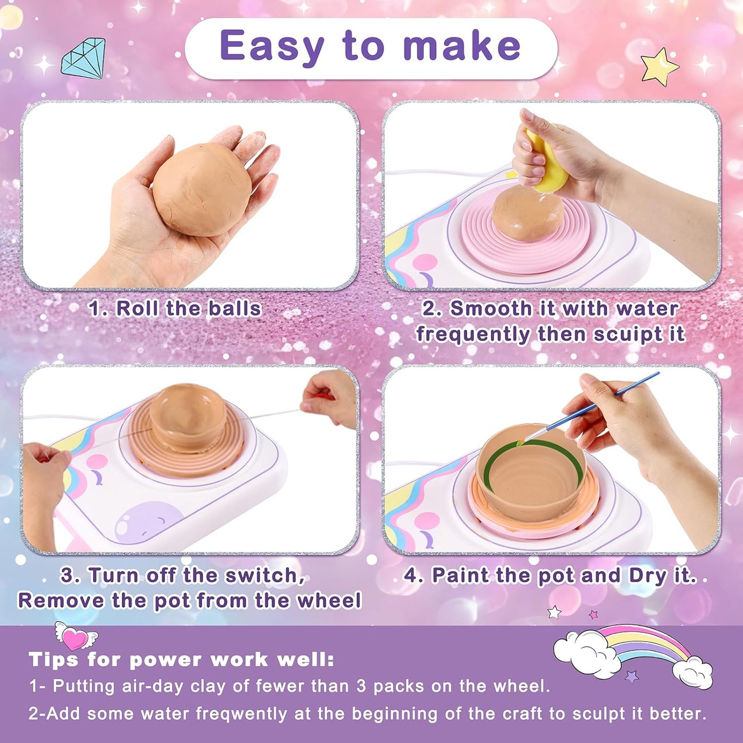 Pottery Wheel for Kids，Art Supplies Arts & Crafts Kit, Crafts Toys for Girls 8-12, Pottery Studio Craft Kit with 4 Pack Air-Dry Clay,Girls Toys Birthday Christmas Gift for Kids Ages 6 7 8 9 10 11 12+