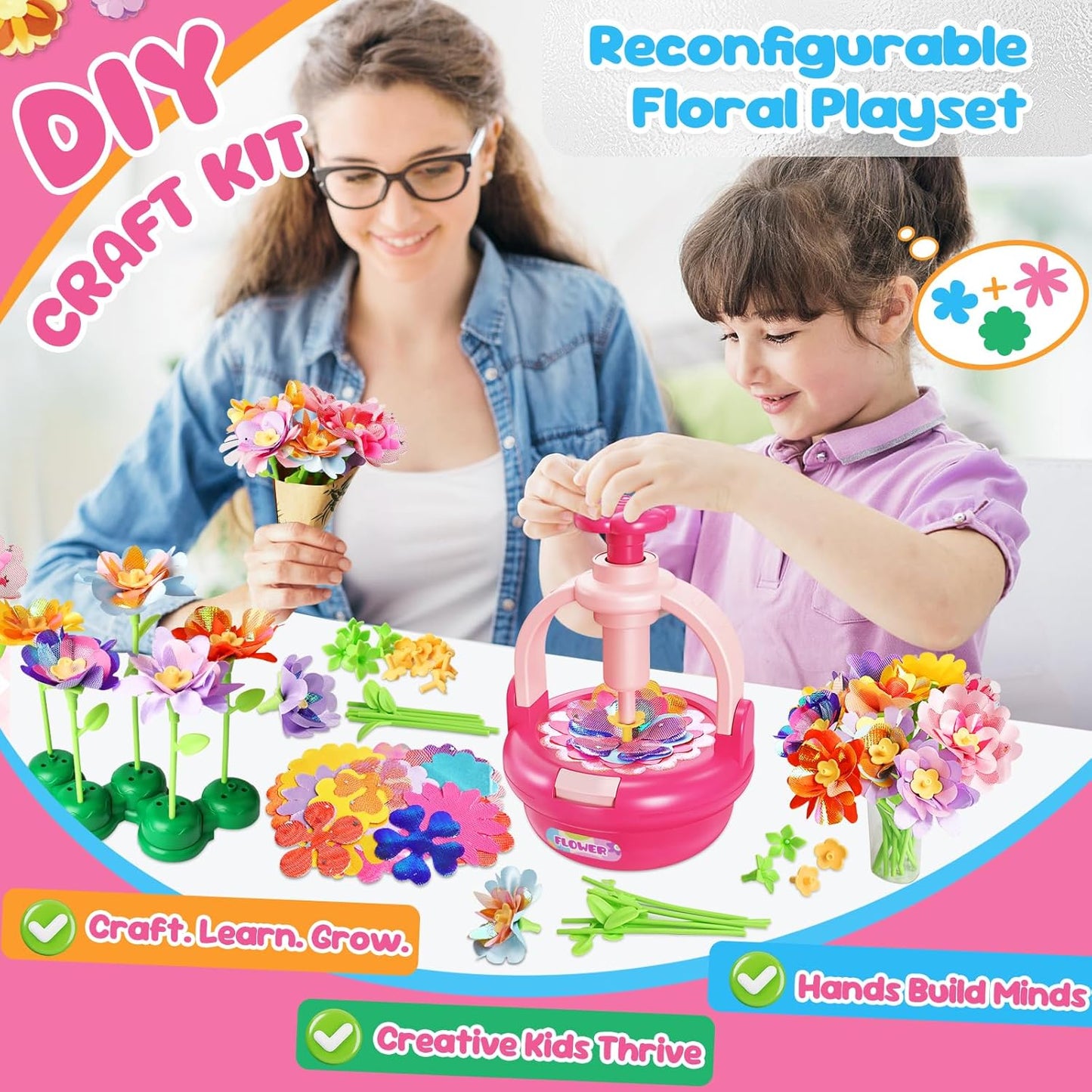 Einailvk Fabric Flower Bouquets Toys, DIY Flower Making Kit for Kids 3 4 5 6 7 8 9 10 11 12 Year Old Girl Birthday Christmas Gift, Art and Crafts Kit Toys for Girls 3-12 Year Old (Pink)