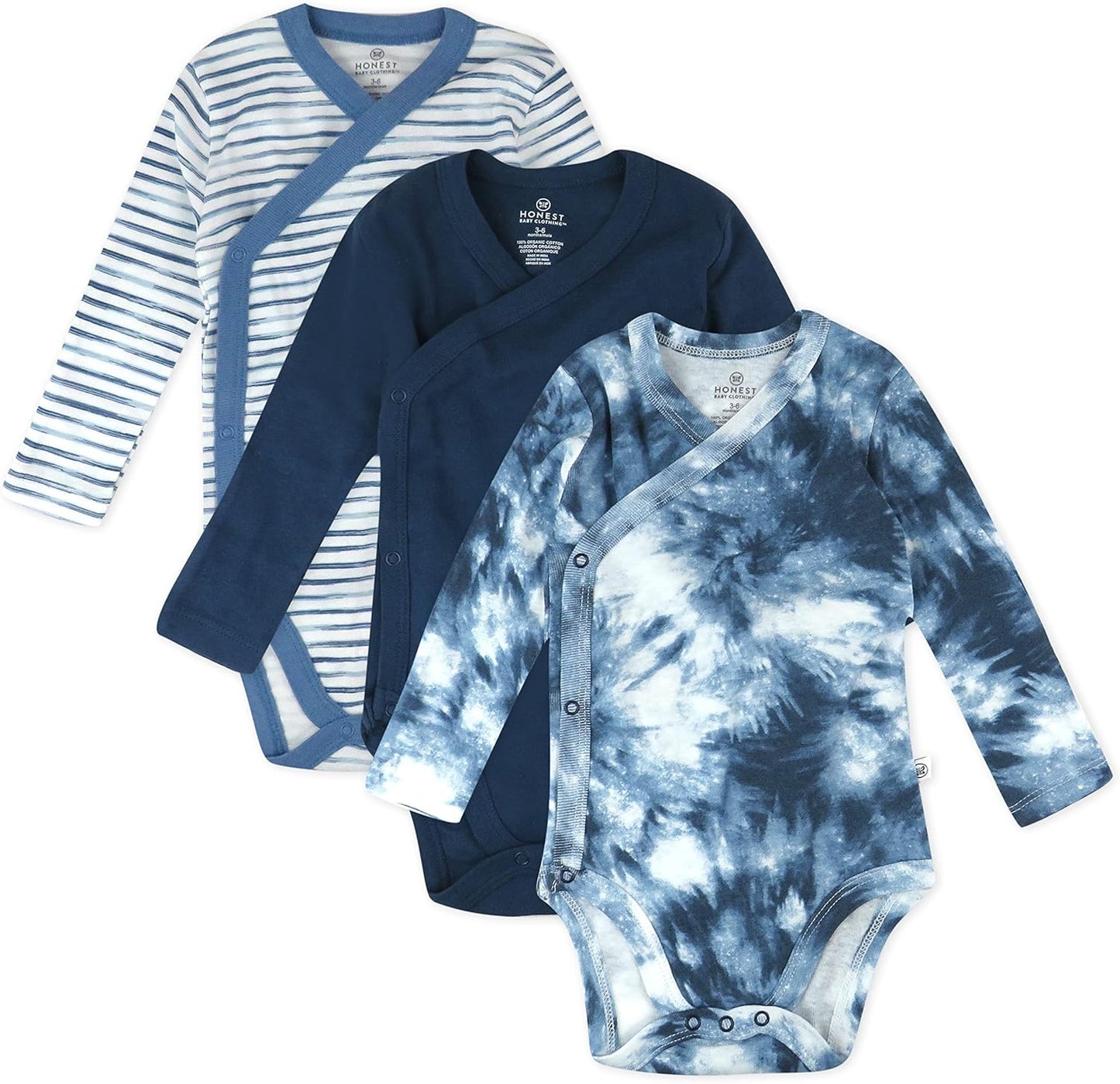 HonestBaby unisex-baby 3-pack Long Sleeve Side-snap Kimono Bodysuits Organic Cotton for Infant Baby Boys, Girls, Unisex