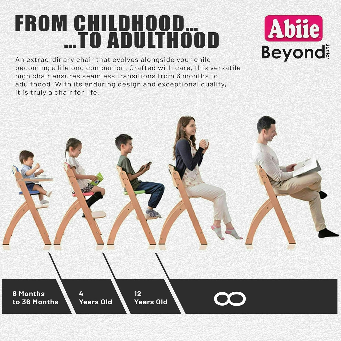 Abiie Beyond Junior Wooden High Chair with Tray - Adjustable and Convertible High Chair for Babies and Toddlers - 6 Months to 250 Lb - Water Resistant - Mahogany Wood/Olive Cushion