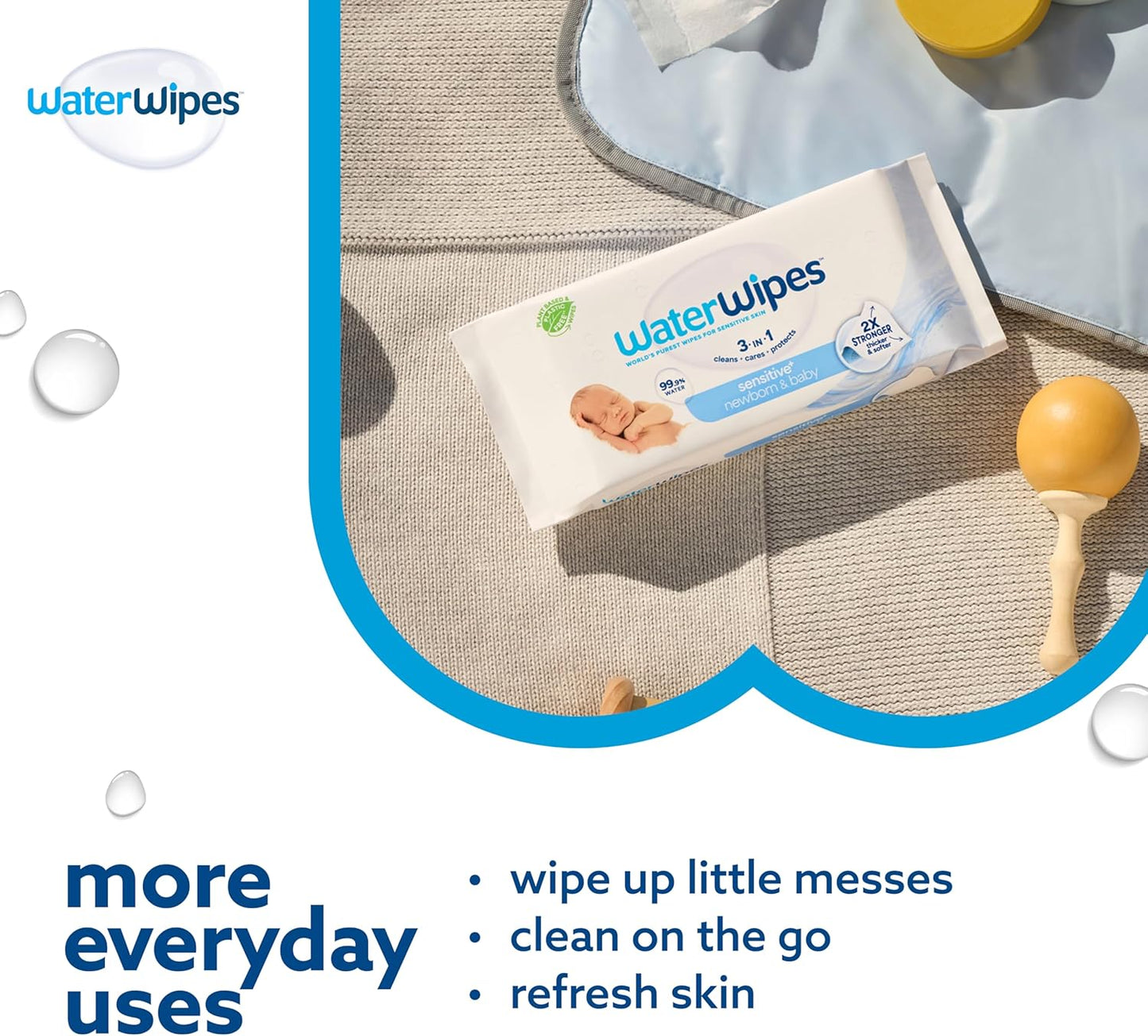 WaterWipes Sensitive+ Newborn & Baby Wipes, 3-In-1 Cleans, Cares, Protects, 99.9% Water, Unscented & Hypoallergenic, 240 Count (4 Packs)