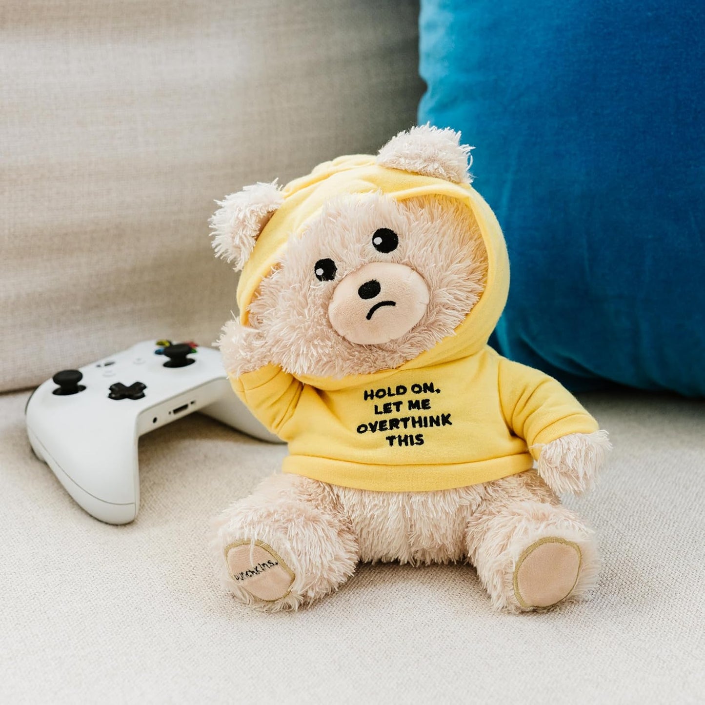 Overthinking Unbearable Plushie, Comical Plush Teddy Bear Collectible, Funny Pun Meme Gag Gift, White Elephant, Stocking Stuffer,Emotional Support, Fun Desk Accessory, Weighted Base for Display