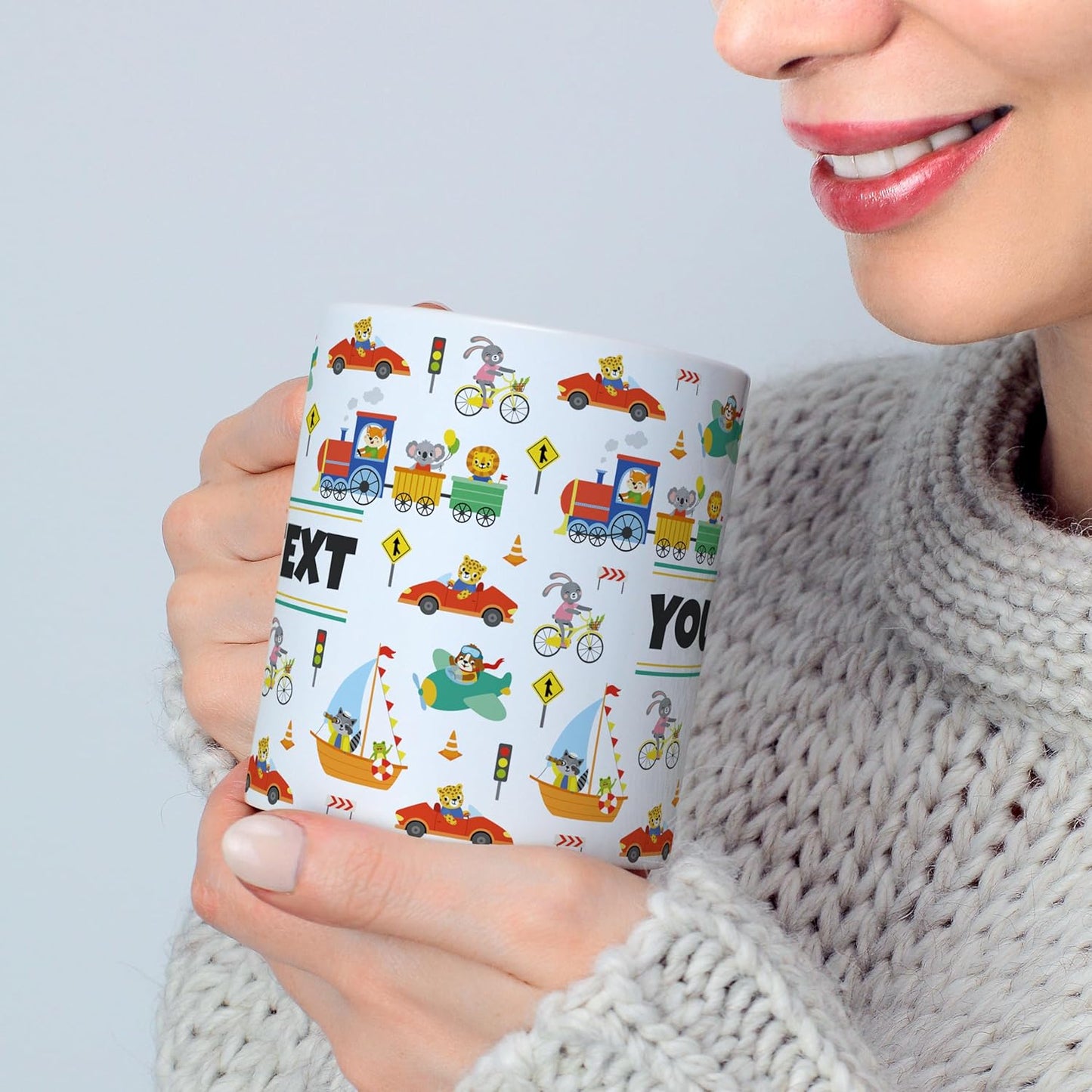 Personalized Mug for Kids - Vehicles - Custom Name/Text, Ceramic Hot Chocolate/Cocoa/Coffee Cup for Boys, Birthday/Christmas/Holiday Gift - 11 oz, Navy Blue Handle