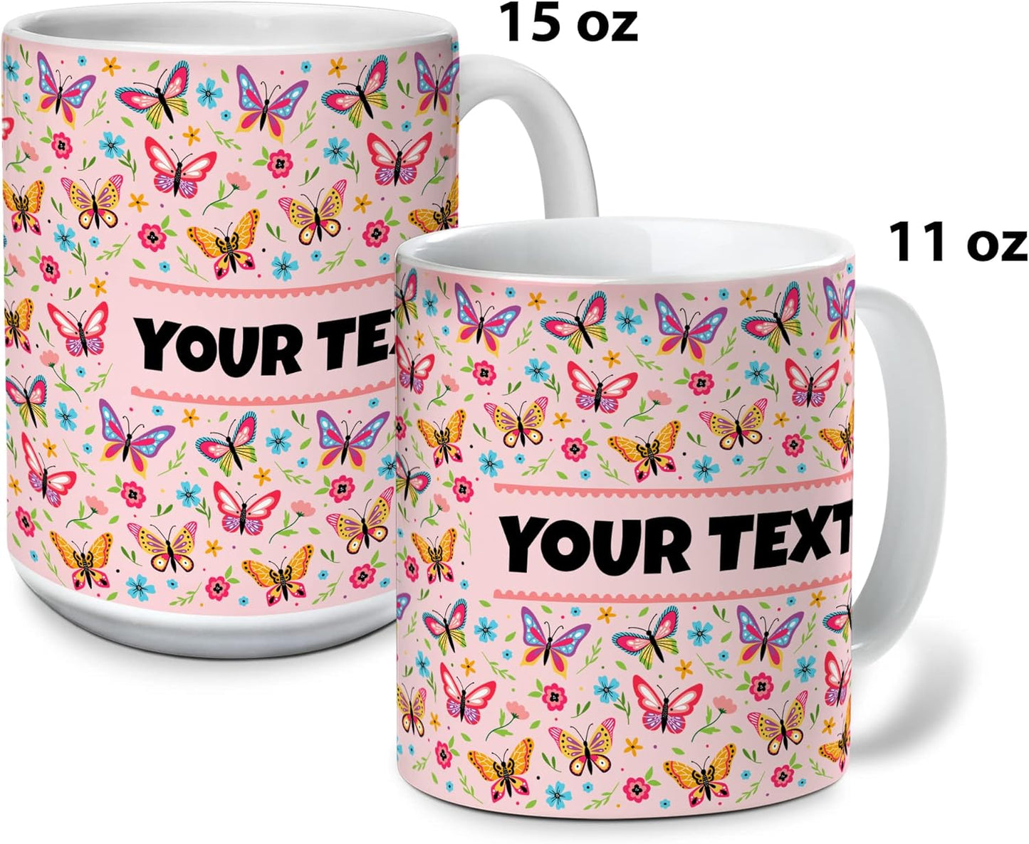Personalized Mug for Kids - Butterflies - Custom Name/Text, Ceramic Hot Chocolate/Cocoa/Coffee Cup for Girls, Birthday/Christmas/Holiday Gift - 11 oz, Navy Blue Handle