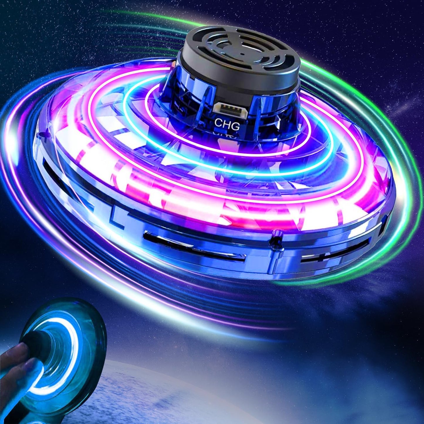 Flying I fly Spinner, Fidget Spinner Flying Toys, Mini Fly UFO Hand Controlled Boomerang Drone, Cool Stuff Gadgets Gifts for Kids Boys Girls Teens 8 9 10+ Year Old Indoor Outdoor (Blue)