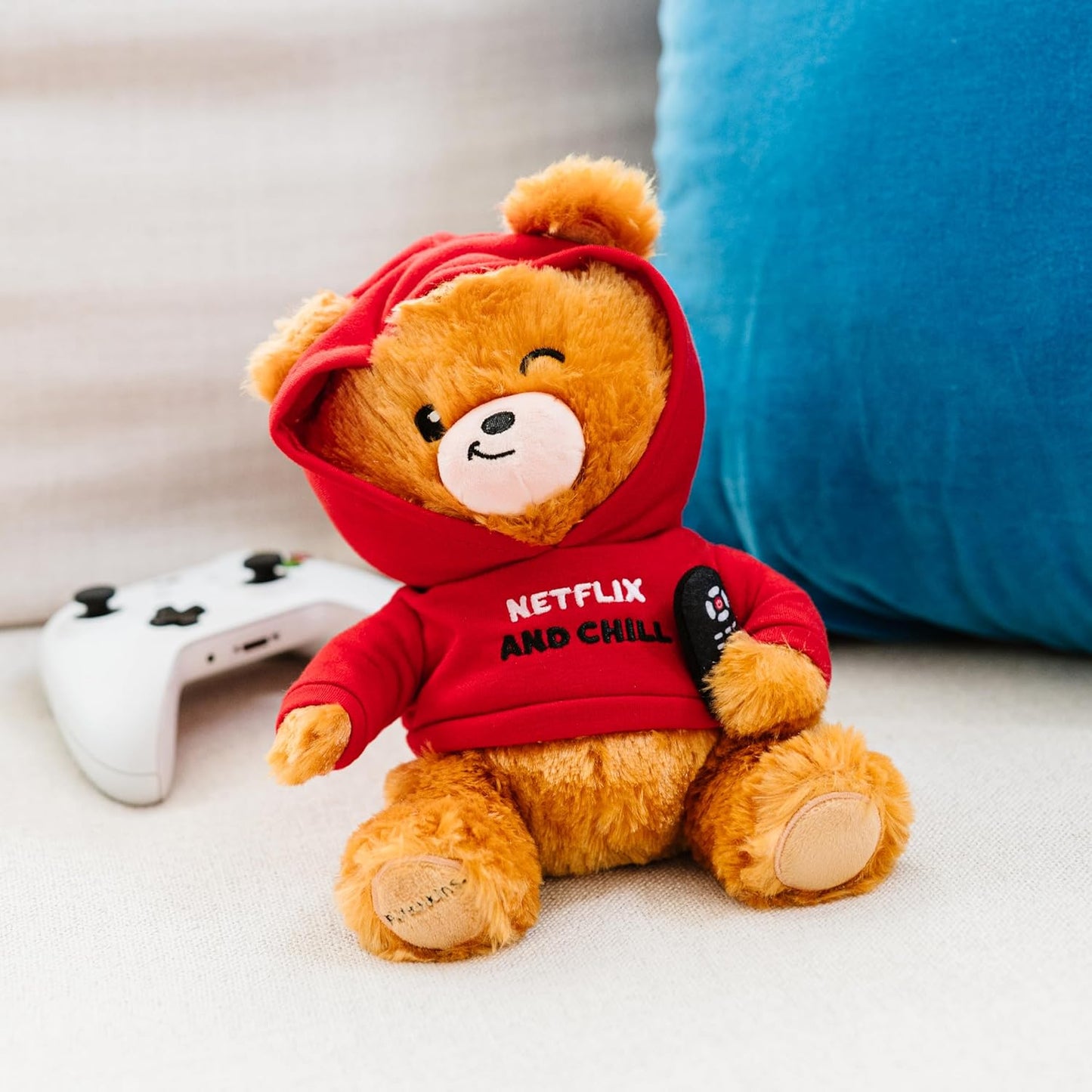 Netflix and Chill Unbearable Plushie, Comical Plush Teddy Bear Collectible, Funny Pun Meme Gag Gift, White Elephant, Stocking Stuffer,Emotional Support, Fun Desk Accessory, Weighted Base for Display