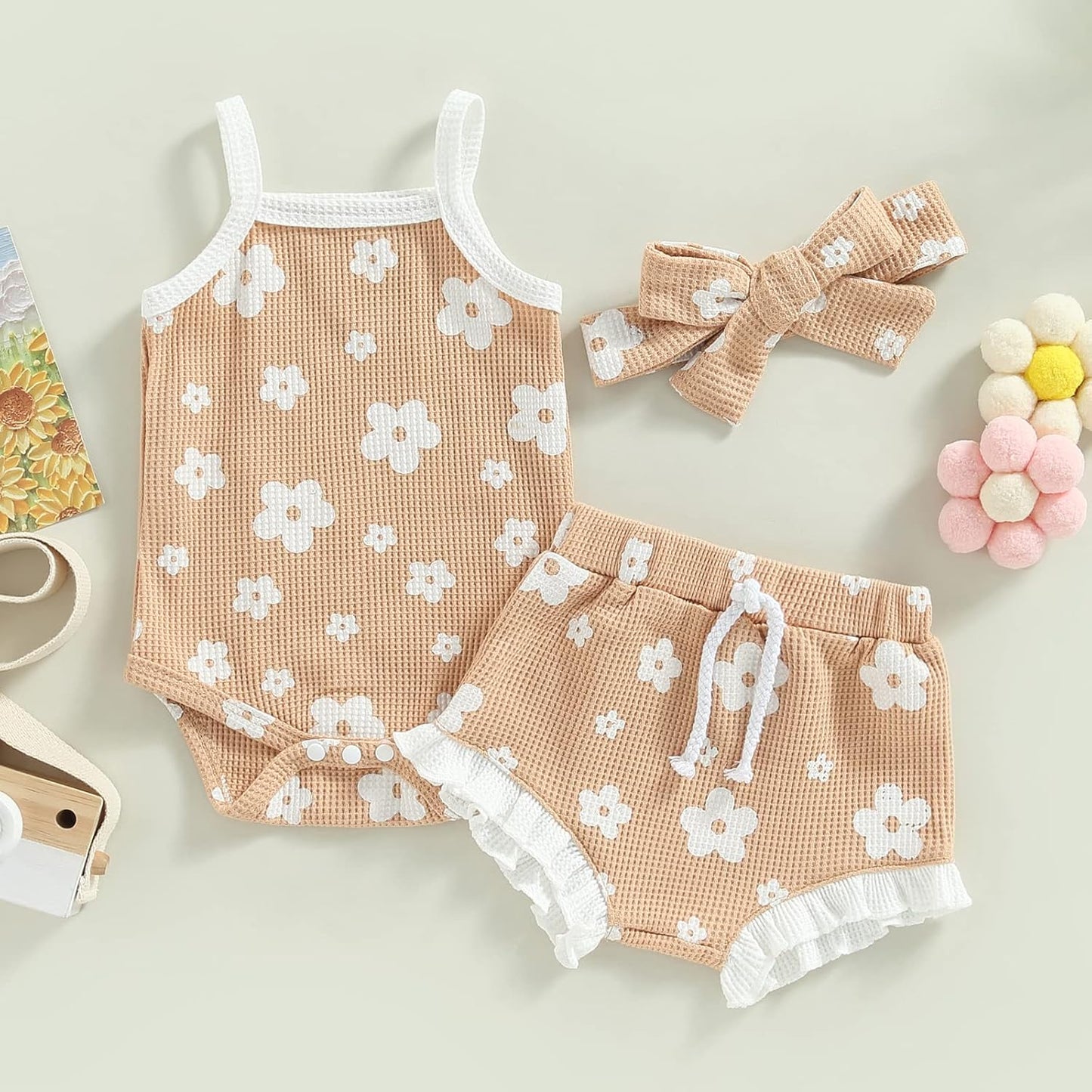 fhutpw Baby Girl Clothes Summer Cute Outfits 3 6 12 18 Months Spaghetti Strap Romper & Floarl Shorts Sets